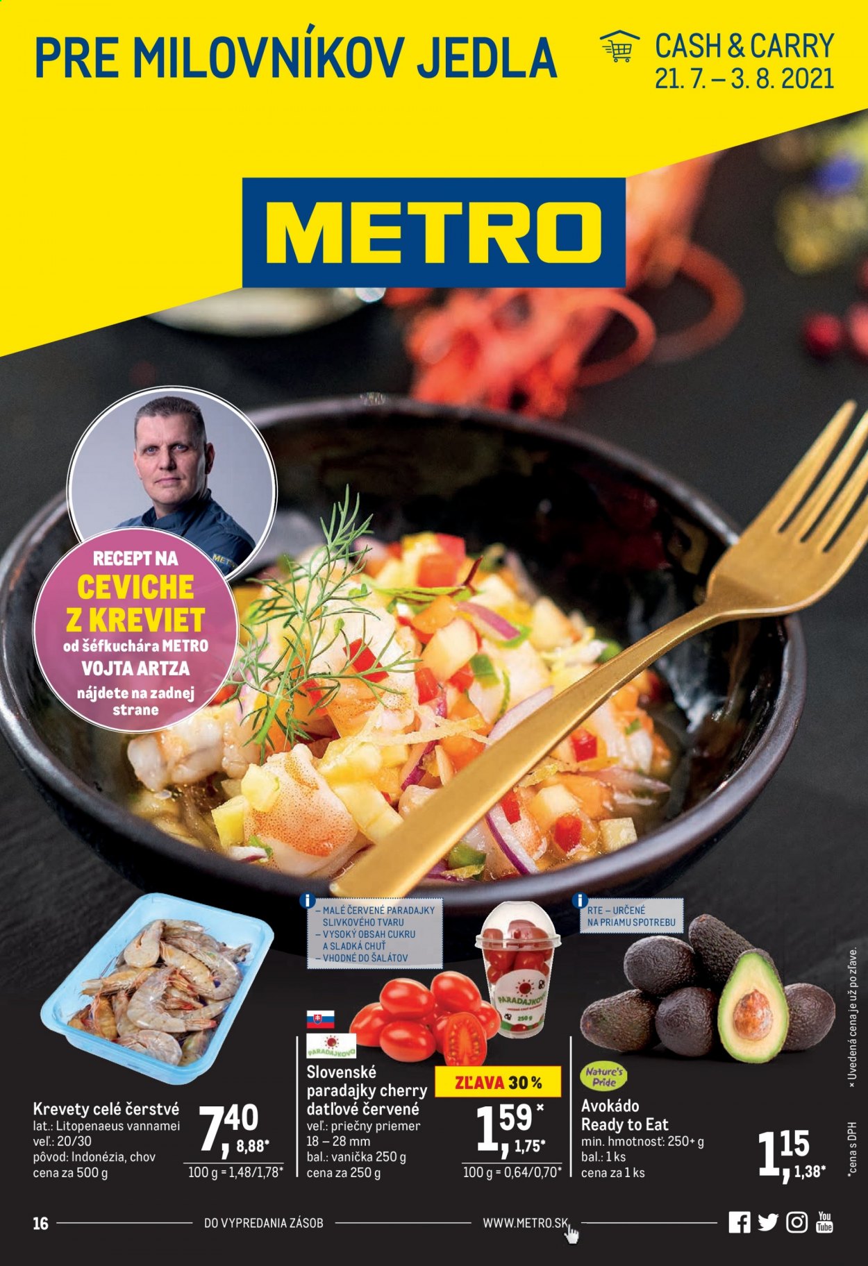 thumbnail - Leták Metro - 21.7.2021 - 3.8.2021 - Produkty v akcii - krevety, koktejlové paradajky, paradajky, avokádo. Strana 1.