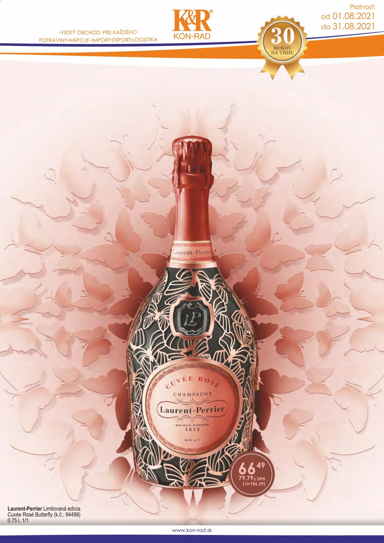 thumbnail - Leták KON-RAD - 1.8.2021 - 31.8.2021 - Produkty v akcii - Perrier, Laurent-Perrier, víno, šampanské víno, alkohol, Cuvée. Strana 1.