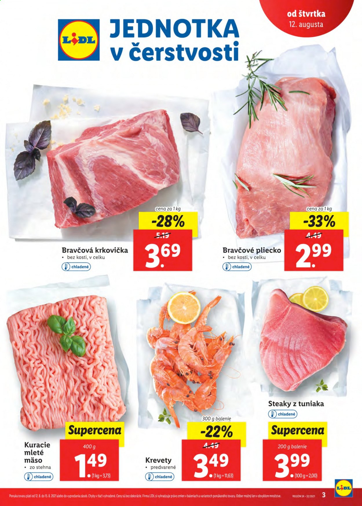 thumbnail - Leták Lidl - 12.8.2021 - 15.8.2021 - Produkty v akcii - mleté mäso, bravčové pliecko, bravčová krkovička, krevety, steak z tuniaka. Strana 5.