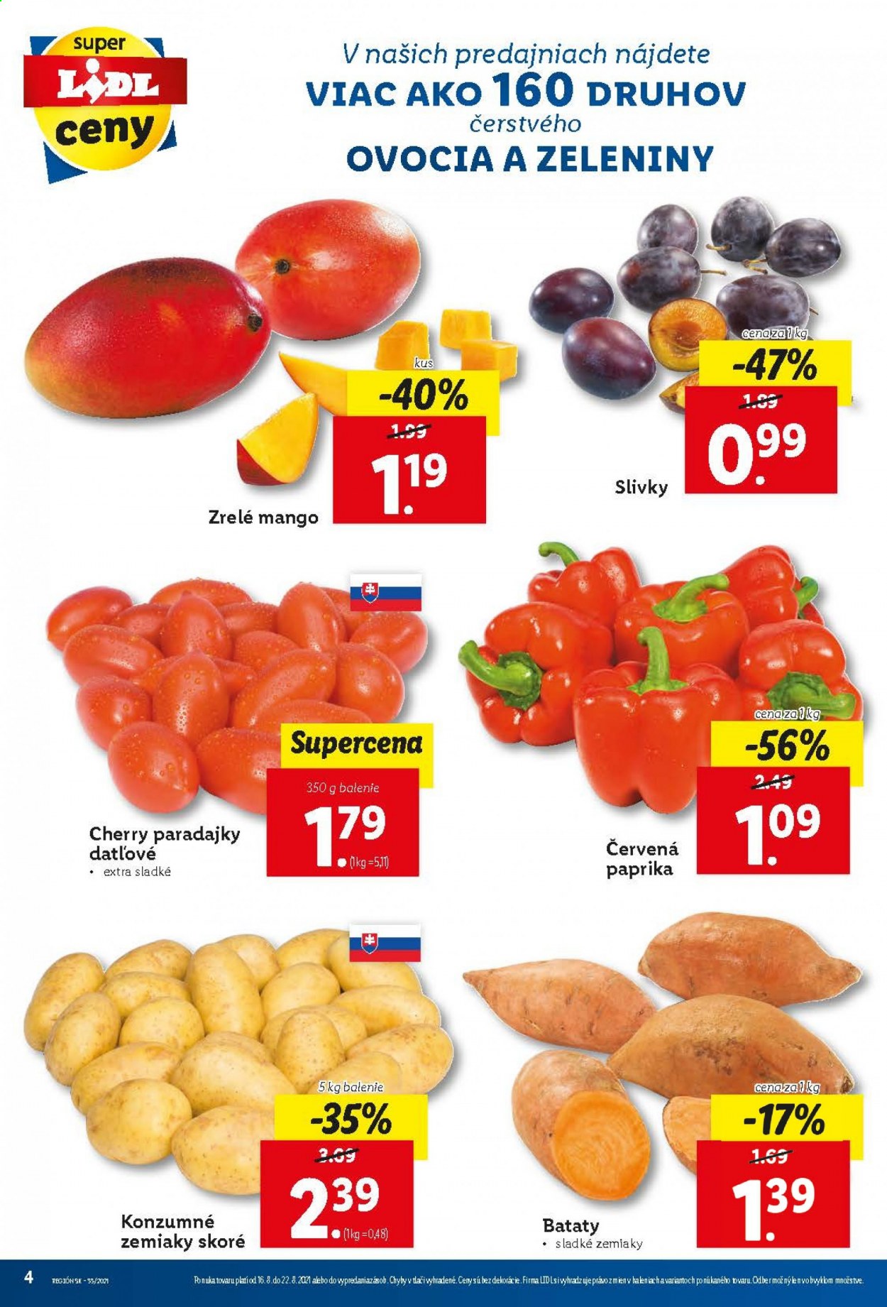 thumbnail - Leták Lidl - 16.8.2021 - 22.8.2021 - Produkty v akcii - paradajky, koktejlové paradajky, paprika zeleninová červená, bataty, slivky, mango. Strana 4.