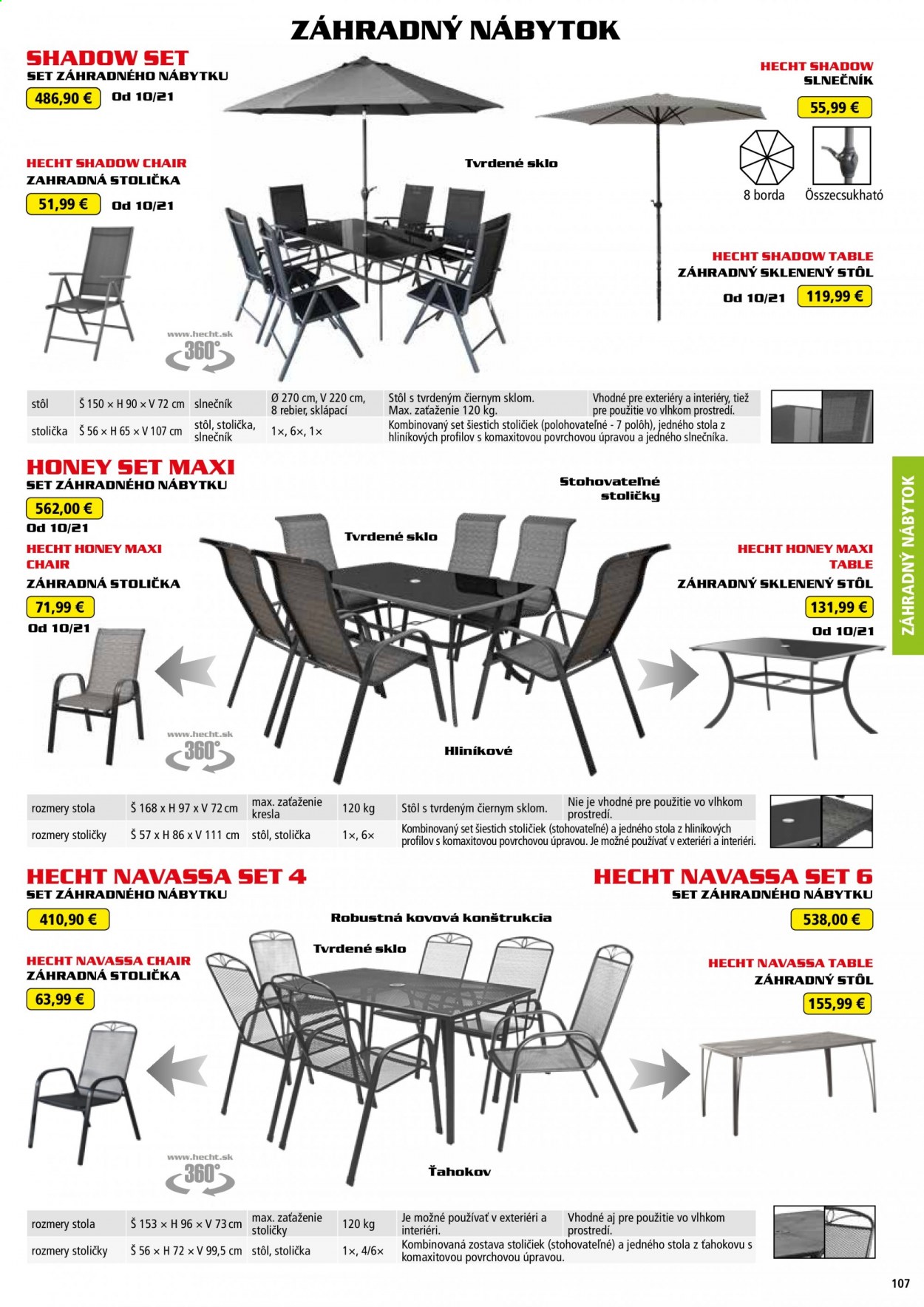 thumbnail - Leták Hecht - 4.8.2021 - 28.2.2022 - Produkty v akcii - Hecht, zahradný nábytok, stôl, záhradný stôl, stolička, záhradná stolička, slnečník. Strana 107.