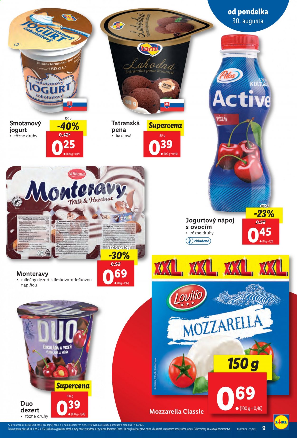 thumbnail - Leták Lidl - 30.8.2021 - 5.9.2021 - Produkty v akcii - jogurt, smotanový jogurt, smotanový dezert, jogurtový nápoj, Pilos, mliečny dezert, mozzarella, syr, dezert, Hollandia. Strana 9.