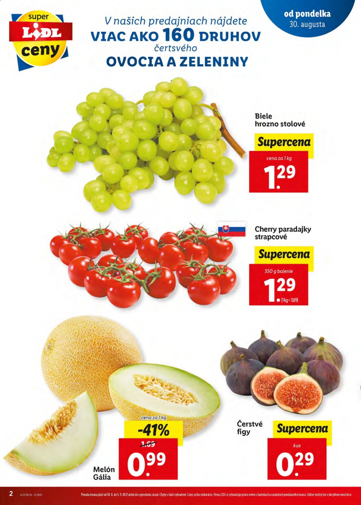 thumbnail - Leták Lidl - 2.9.2021 - 5.9.2021 - Produkty v akcii - paradajky, koktejlové paradajky, melón žltý, hrozno, melón, figy. Strana 2.