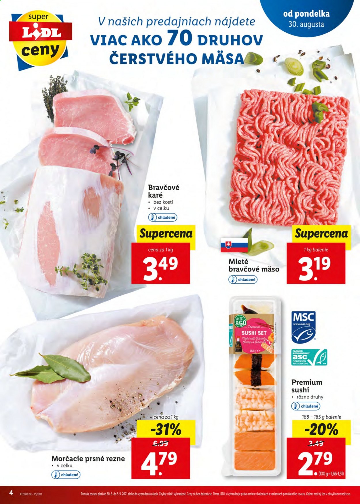 thumbnail - Leták Lidl - 2.9.2021 - 5.9.2021 - Produkty v akcii - morčacie mäso, morčacie prsia, mleté mäso, mleté bravčové mäso, bravčové karé, sushi. Strana 4.
