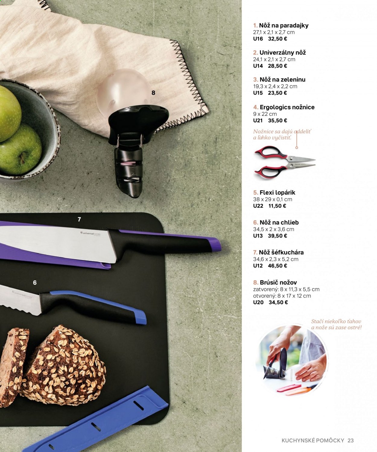 thumbnail - Leták Tupperware - Produkty v akcii - nôž, nôž na chlieb, lopárik, nôž šéfkuchára, kuchynské pomôcky, nožnice. Strana 23.