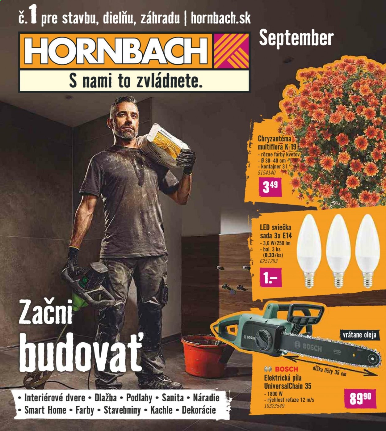 thumbnail - Leták Hornbach - 1.9.2021 - 29.9.2021 - Produkty v akcii - Bosch, dekorácie, LED sviečka, kachle, dlažba, dvere, interiérové dvere, náradie, píla, chryzantéma. Strana 1.