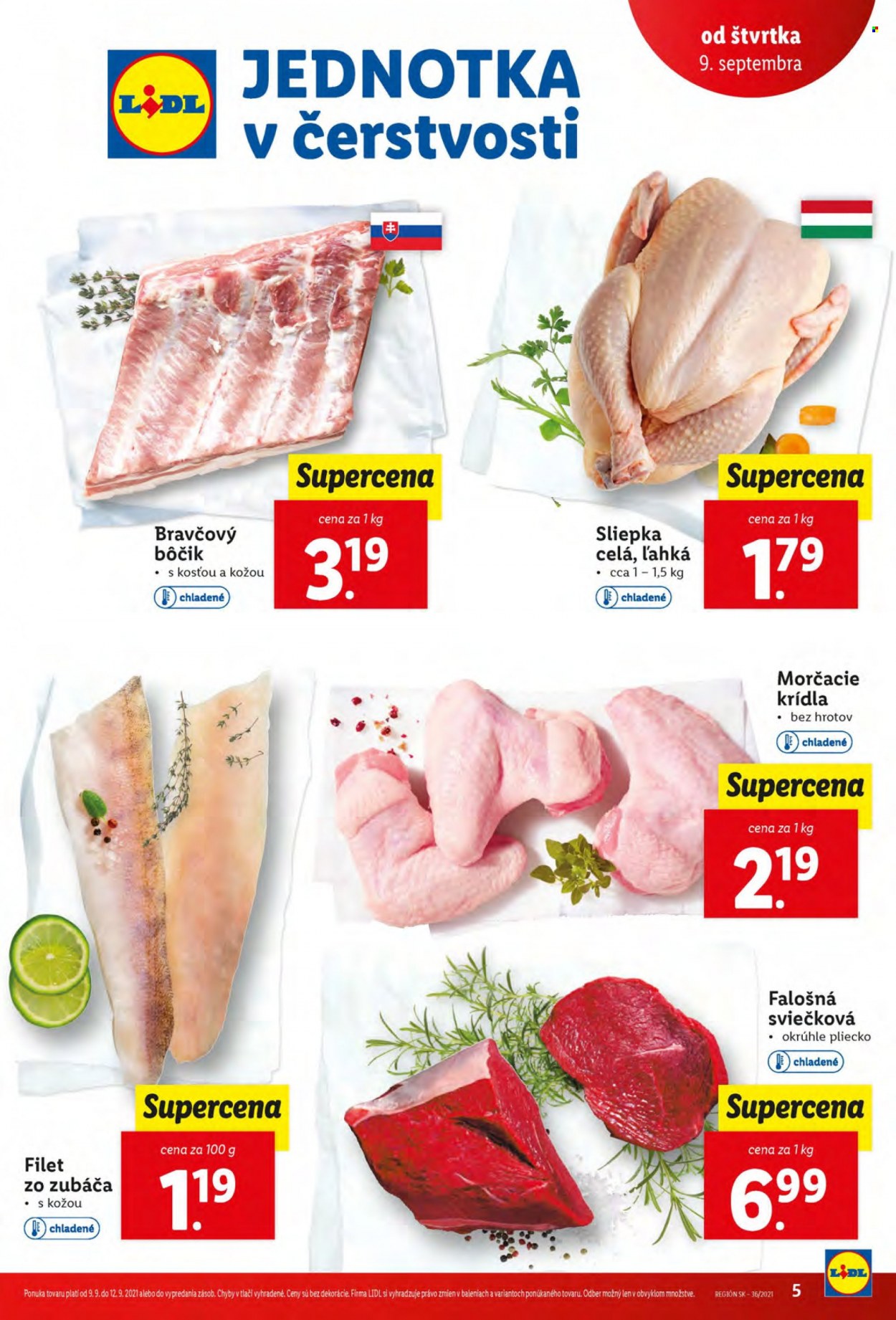 thumbnail - Leták Lidl - 9.9.2021 - 12.9.2021 - Produkty v akcii - kuracie mäso, morčacie mäso, sliepka, morčacie krídla, bravčový bok. Strana 7.