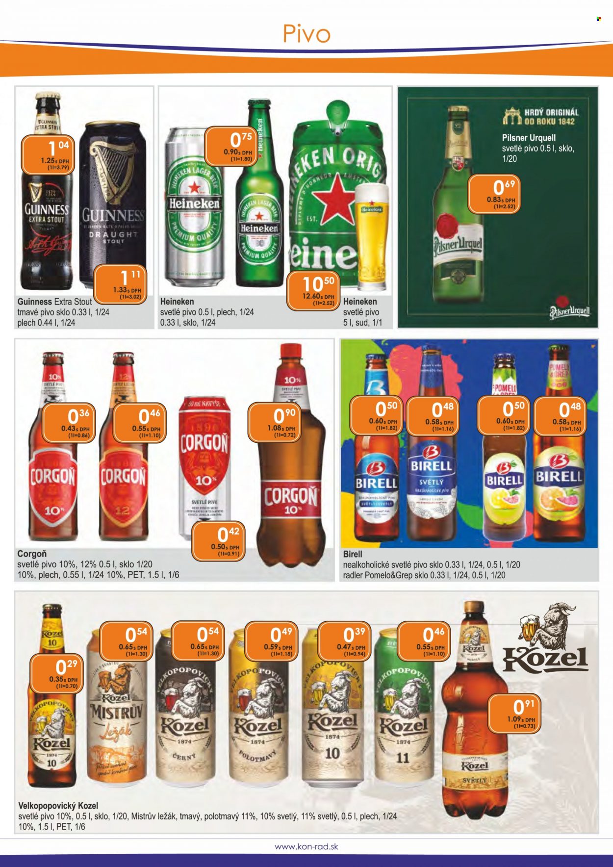 thumbnail - Leták KON-RAD - 1.9.2021 - 30.9.2021 - Produkty v akcii - alkohol, Radler, Pilsner Urquell, ležiak, nealkoholické pivo, Birell, Corgoň, Velkopopovický Kozel, svetlé pivo, Heineken, tmavé pivo, pivo. Strana 35.