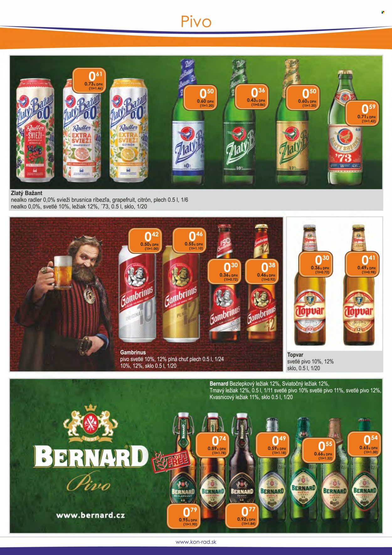 thumbnail - Leták KON-RAD - 1.9.2021 - 30.9.2021 - Produkty v akcii - Radler, Zlatý Bažant, Gambrinus, ležiak, nealkoholické pivo, svetlé pivo, tmavé pivo, pivo, Topvar, Bernard. Strana 36.