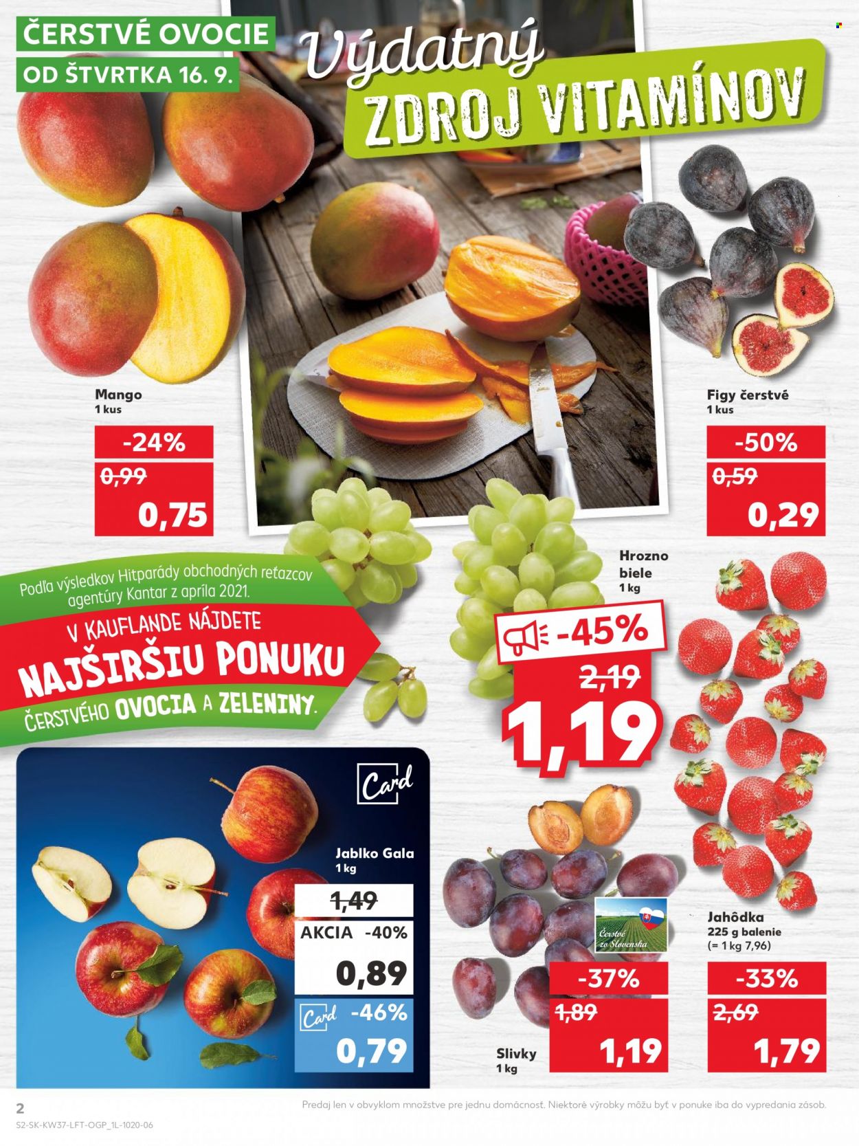 thumbnail - Leták Kaufland - 16.9.2021 - 22.9.2021 - Produkty v akcii - mango, figy, hrozno, jablká, jahody. Strana 2.