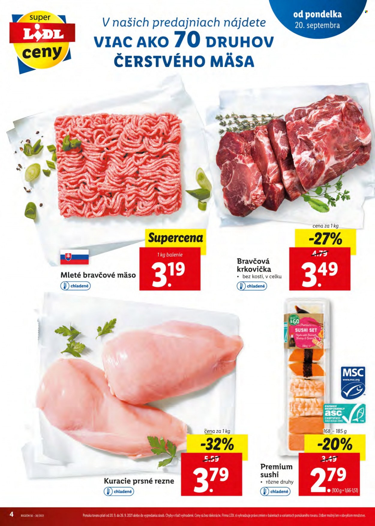 thumbnail - Leták Lidl - 23.9.2021 - 26.9.2021 - Produkty v akcii - kuracie mäso, kuracie rezne, mleté mäso, mleté bravčové mäso, bravčová krkovička, sushi. Strana 4.