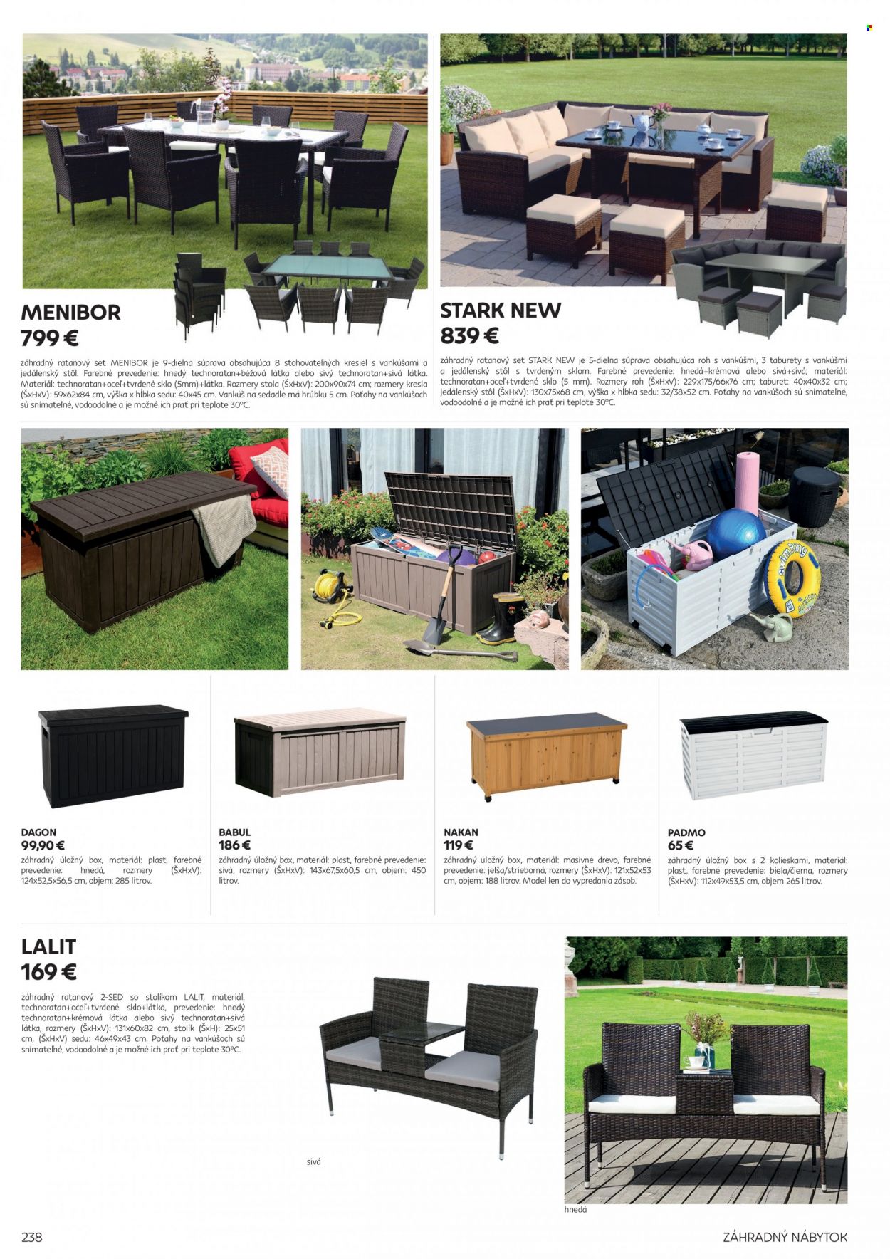 thumbnail - Leták Kondela - Produkty v akcii - úložný box, jedálenský stôl, stôl, taburetka, stolík, zahradný nábytok. Strana 238.