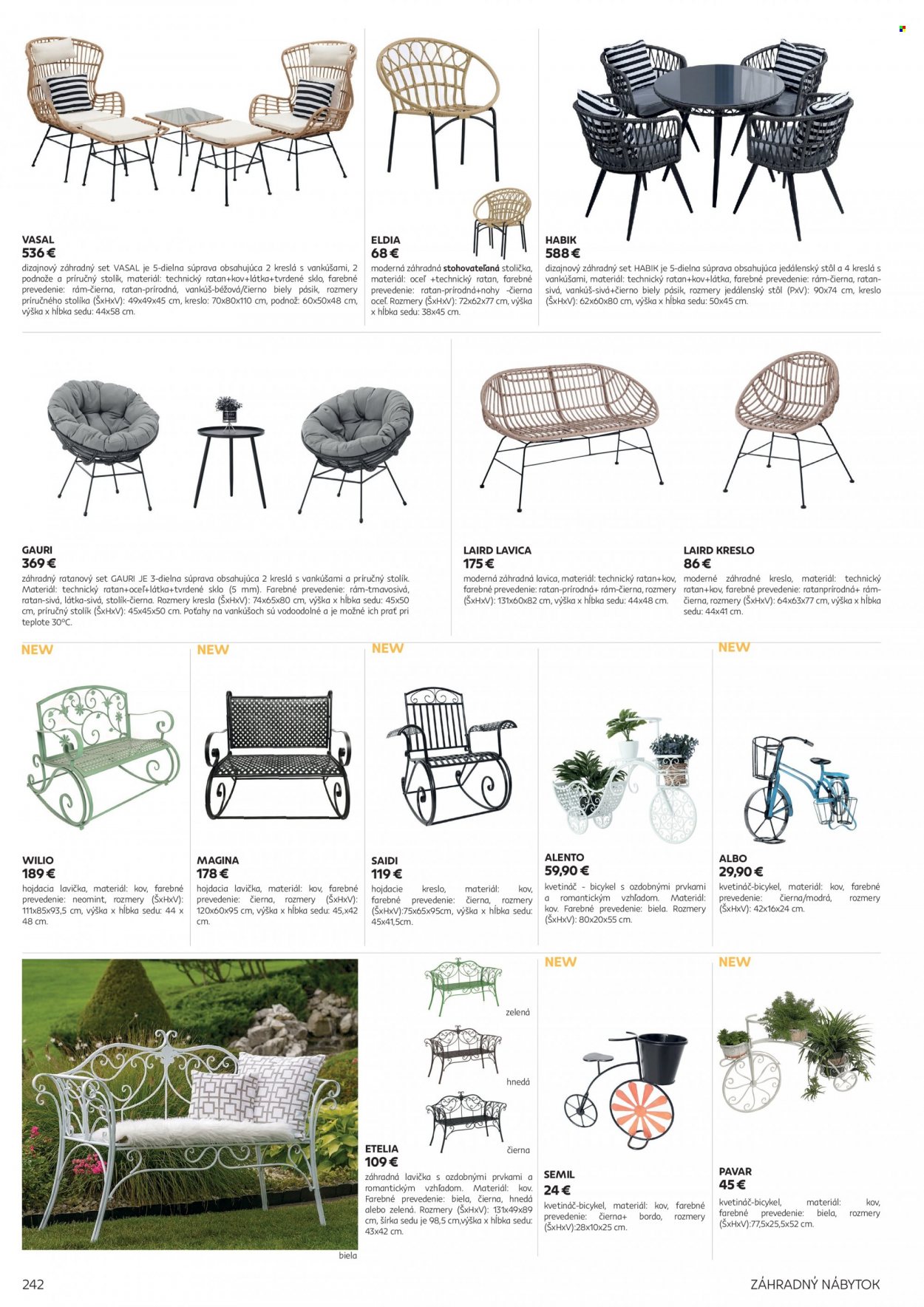 thumbnail - Leták Kondela - Produkty v akcii - vankúš, jedálenský stôl, stôl, stolička, húpacie kreslo, príručný stolík, stolík, lavica, zahradný nábytok, záhradné kreslo. Strana 242.