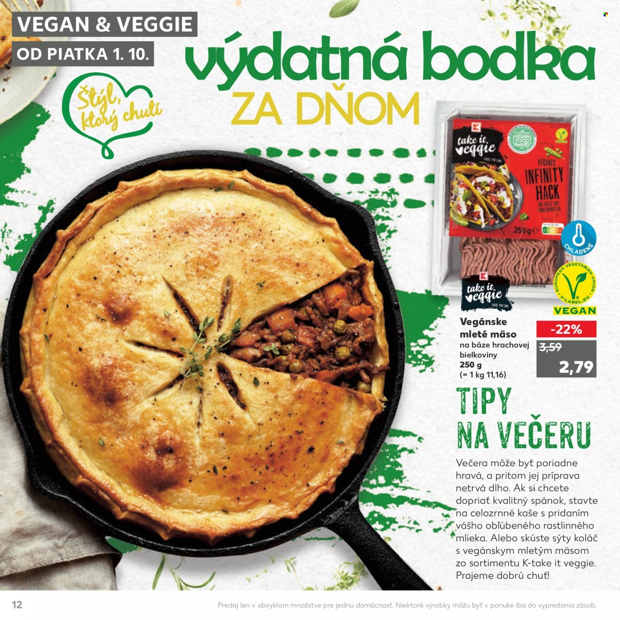 thumbnail - Leták Kaufland - 1.10.2021 - 31.10.2021 - Produkty v akcii - pečivo, koláč, sladké pečivo, mleté mäso, take it. veggie, Veggie. Strana 12.