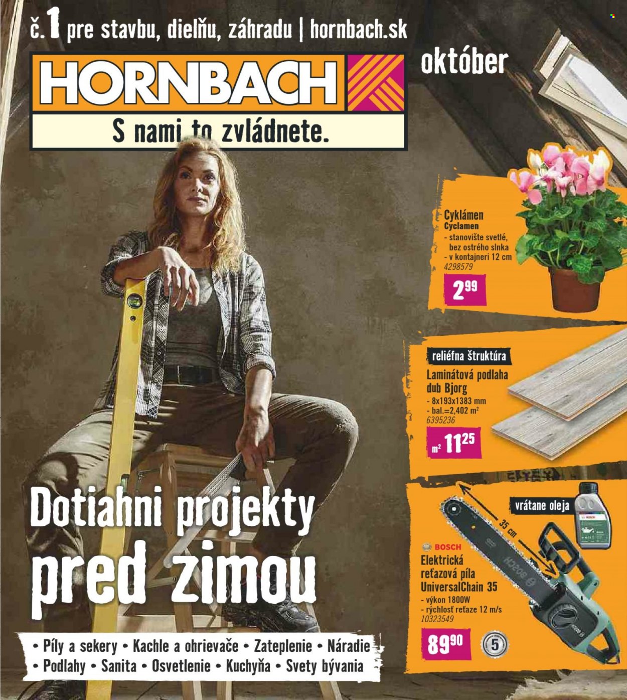 thumbnail - Leták Hornbach - 29.9.2021 - 1.11.2021 - Produkty v akcii - Bosch, kachle, podlaha, laminátová podlaha, náradie, reťazová píla, píla, elektrická reťazová píla, cyklámen. Strana 1.
