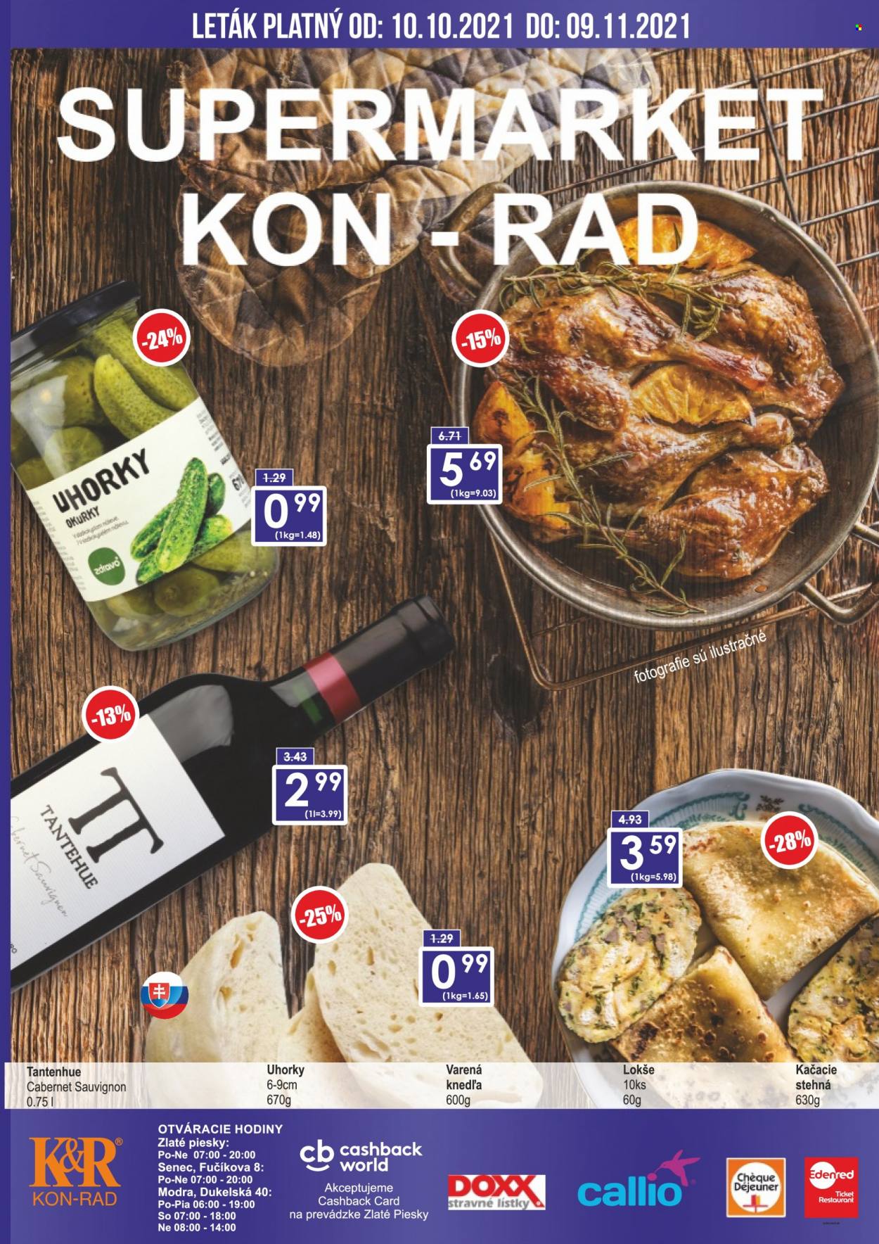 thumbnail - Leták KON-RAD - 10.10.2021 - 9.11.2021 - Produkty v akcii - lokše, kačacie mäso, knedľa, kyslé uhorky, víno, Cabernet Sauvignon, alkohol. Strana 1.