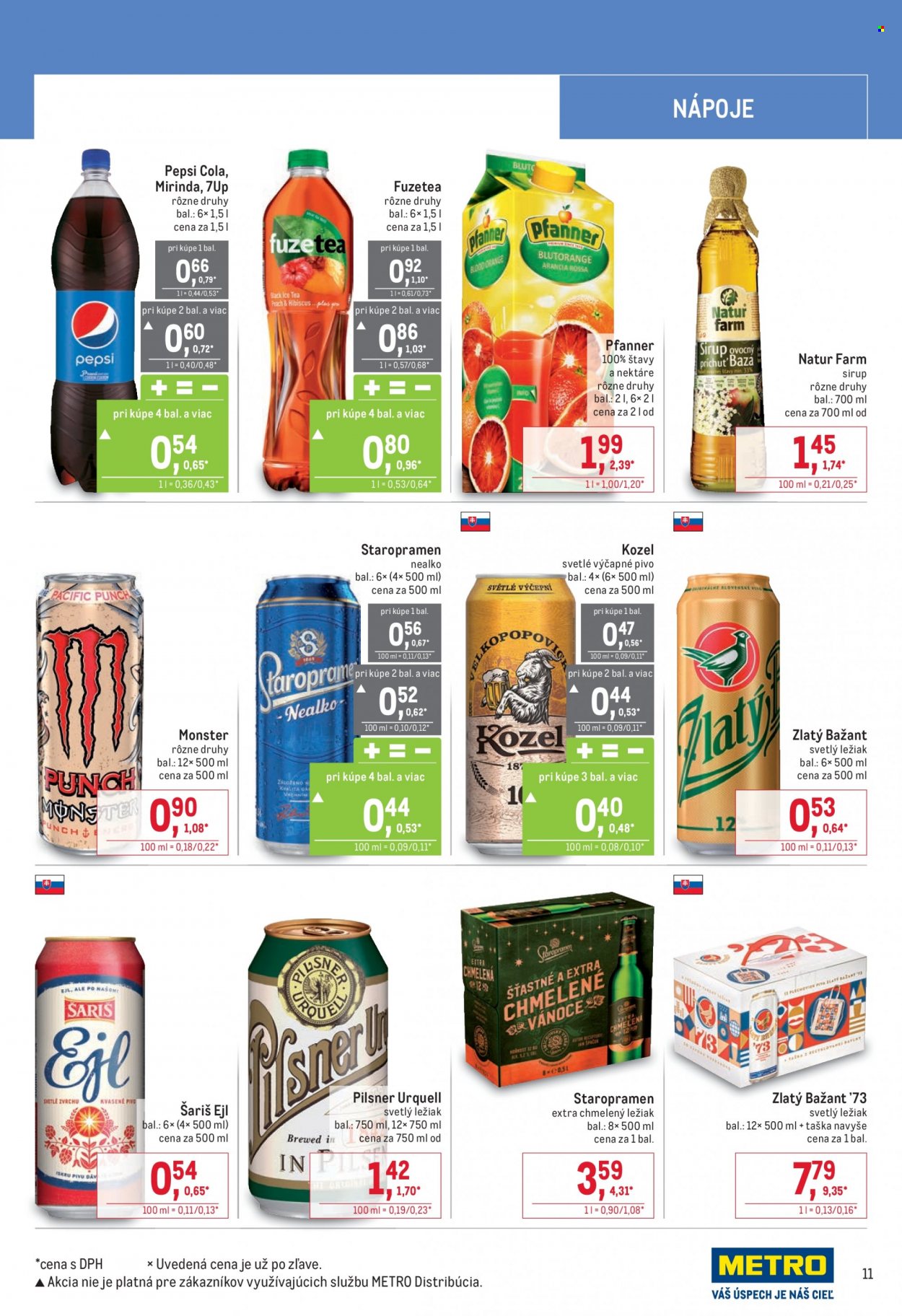 thumbnail - Leták Metro - 10.11.2021 - 23.11.2021 - Produkty v akcii - 7UP, kolový nápoj, limonáda, Mirinda, Pepsi, FuzeTea, ľadový čaj, Natur Farm, sirup, svetlé pivo, Velkopopovický Kozel, Pilsner Urquell, Šariš, energetický nápoj, Monster Energy, džús, Pfanner, alkohol, ležiak, svetlý ležiak, Zlatý Bažant, nealkoholické pivo, pivo, Staropramen. Strana 11.