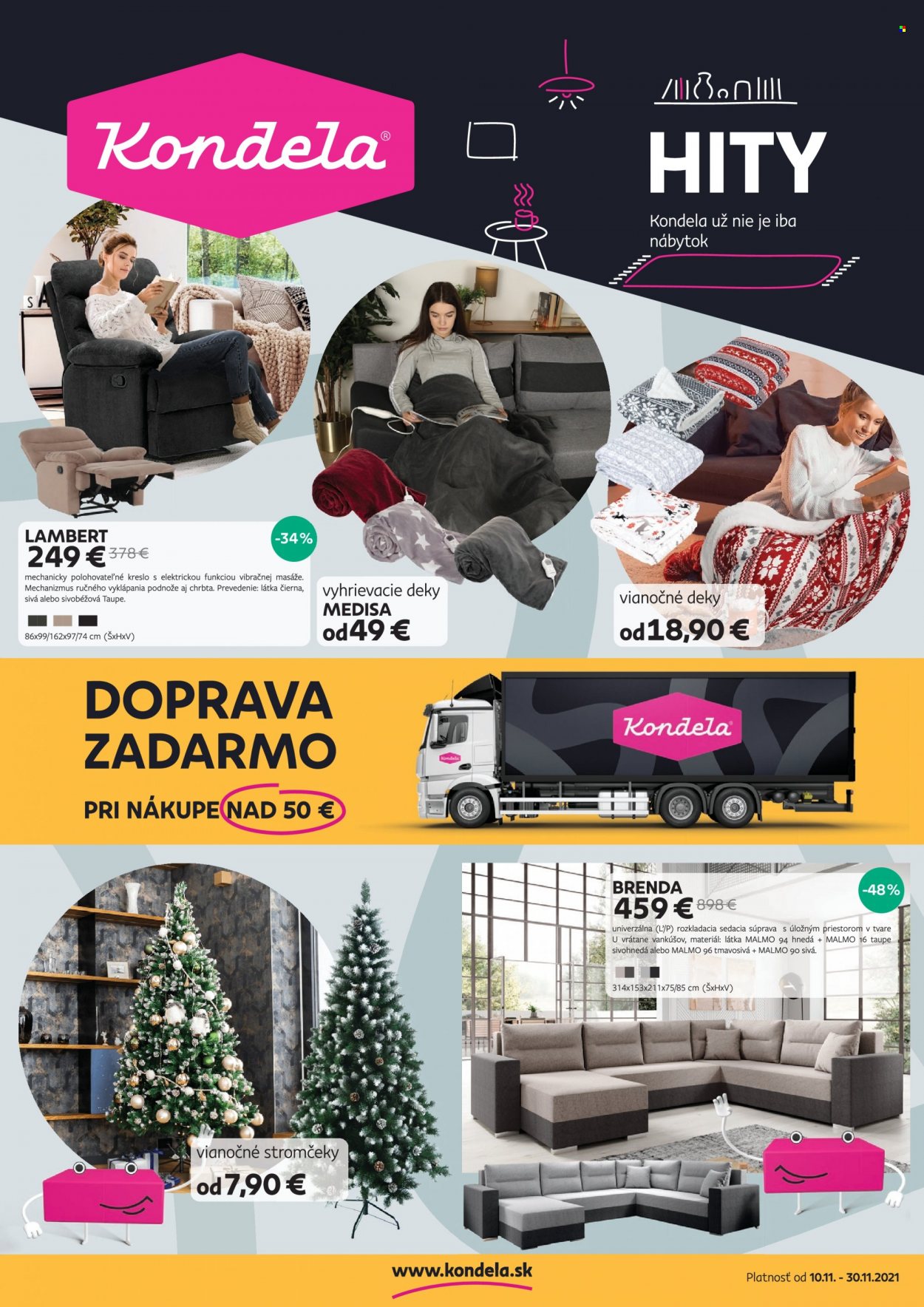 thumbnail - Leták Kondela - 10.11.2021 - 30.11.2021 - Produkty v akcii - deka, sedacia súprava, kreslo, vianočný stromček. Strana 1.