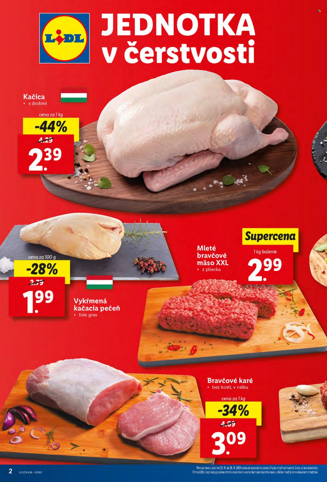 thumbnail - Leták Lidl - 22.11.2021 - 28.11.2021 - Produkty v akcii - kačica, kačacie mäso, kačacia pečeň, mleté mäso, mleté bravčové mäso, bravčové karé, foie gras. Strana 2.