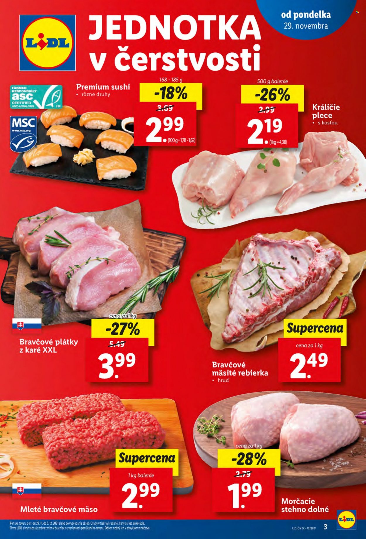 thumbnail - Leták Lidl - 29.11.2021 - 5.12.2021 - Produkty v akcii - morčacie mäso, morčacie stehno, mleté mäso, mleté bravčové mäso, sushi. Strana 3.
