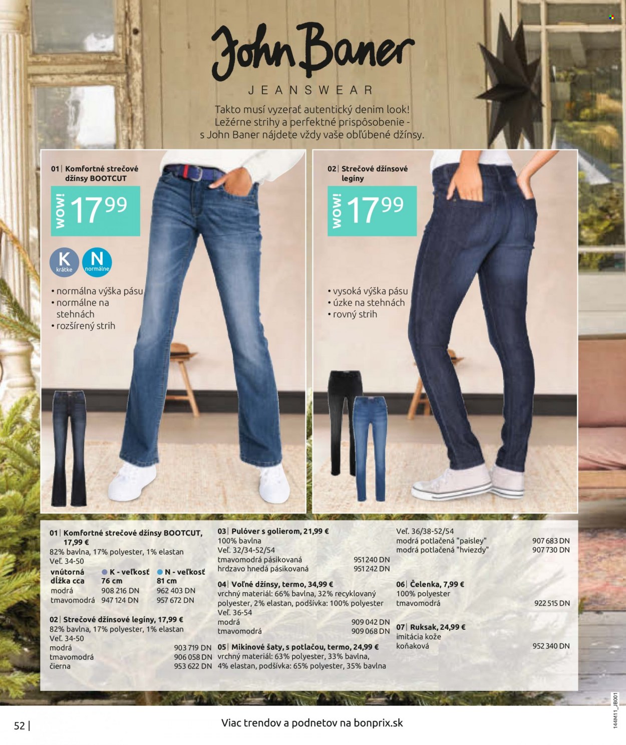 thumbnail - Leták Bonprix - 25.11.2021 - 7.3.2022 - Produkty v akcii - džínsy, strečové džínsy, šaty, pulóver, legíny, čelenka, batoh. Strana 54.