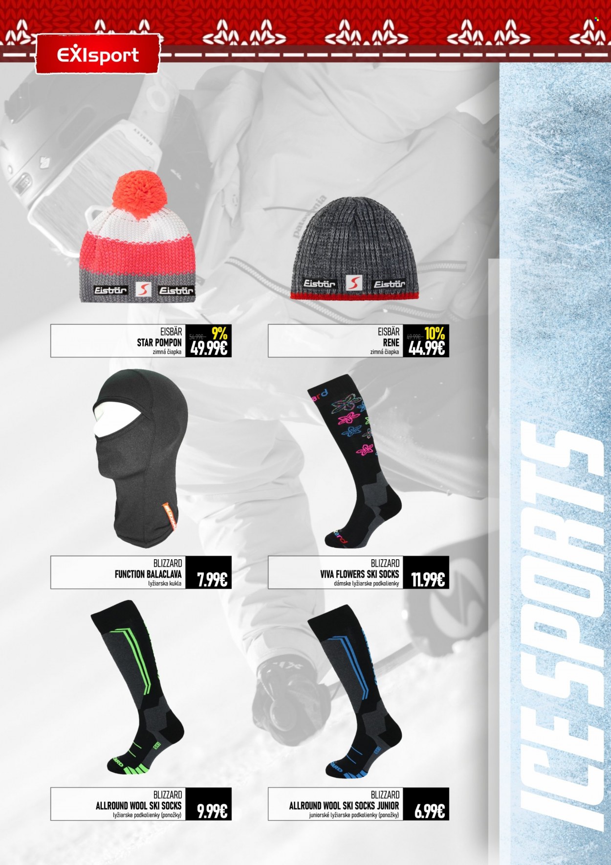 thumbnail - Leták Exisport - Produkty v akcii - ponožky, podkolienky, lyžiarske podkolienky, čiapka. Strana 12.