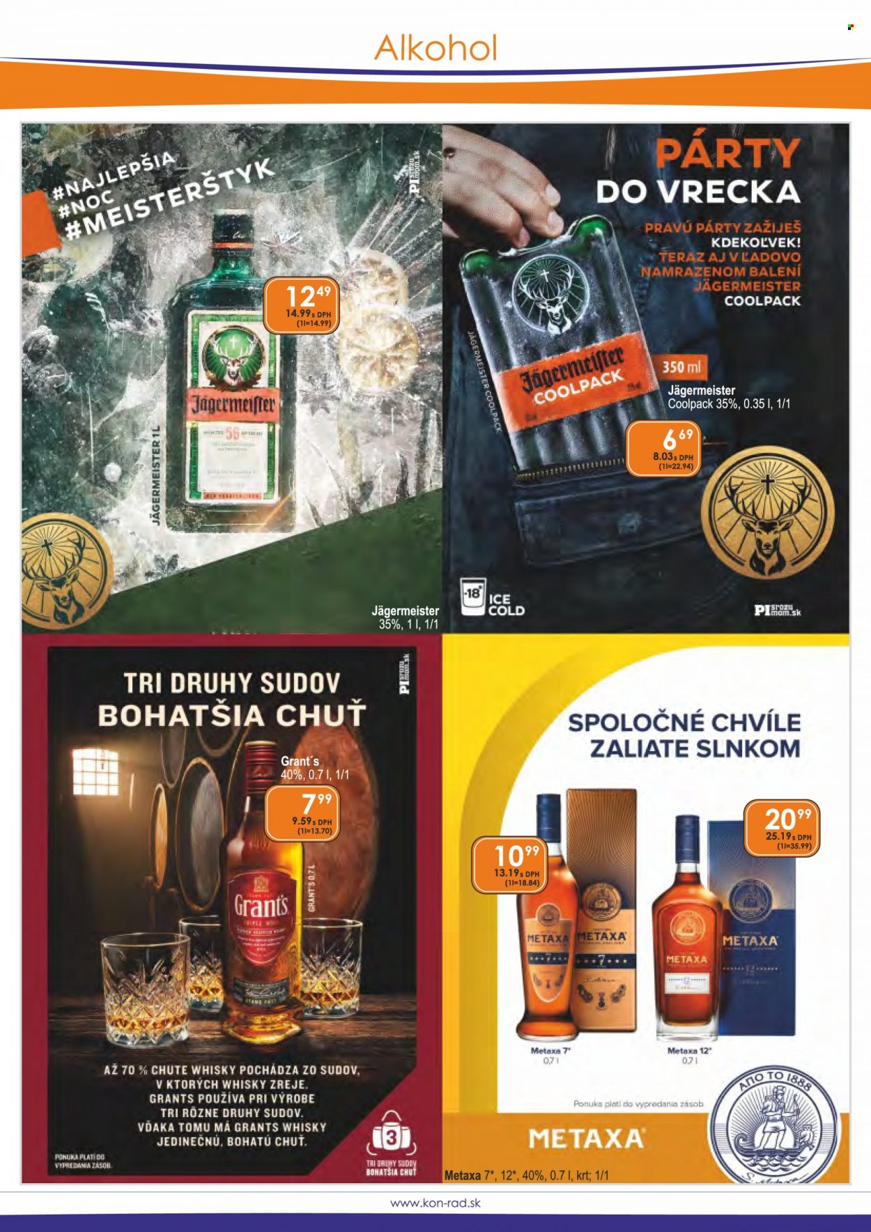 thumbnail - Leták KON-RAD - 1.1.2022 - 31.1.2022 - Produkty v akcii - alkohol, brandy, whisky, Jägermeister, Metaxa, bylinný likér, Grant's. Strana 14.