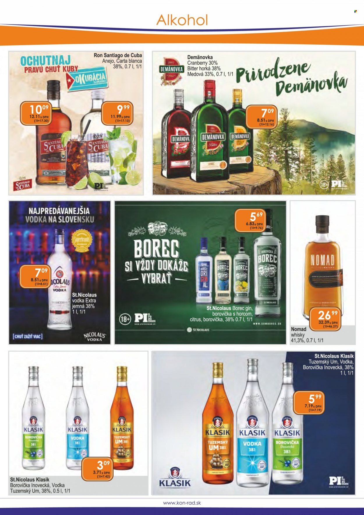 thumbnail - Leták KON-RAD - 1.1.2022 - 31.1.2022 - Produkty v akcii - alkohol, borovička, rum, Tuzemský rum, vodka, whisky, gin, Demänovka, St. Nicolaus. Strana 21.