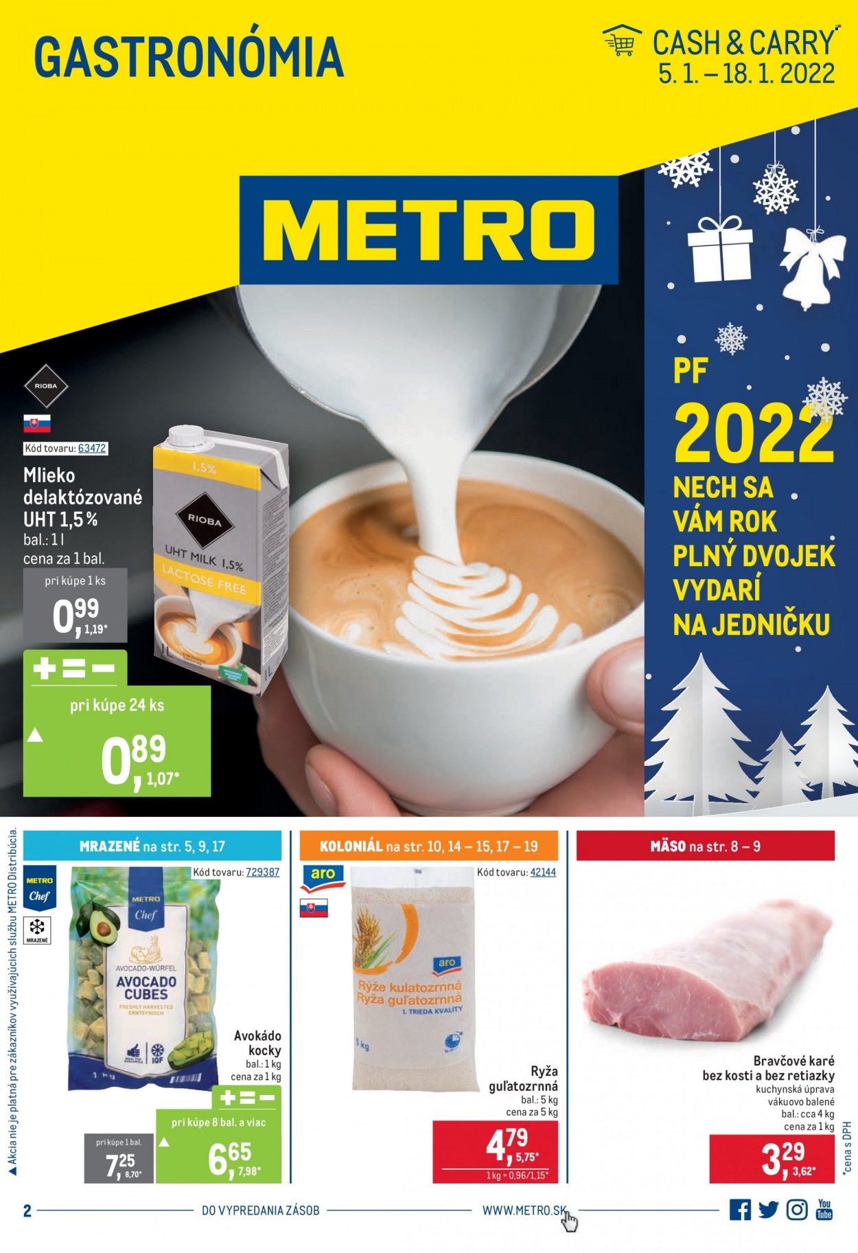 thumbnail - Leták Metro - 5.1.2022 - 18.1.2022 - Produkty v akcii - ARO, bravčové karé, Metro  Chef, mlieko, bezlaktózové mlieko, avokádo kocky, ryža, ryža guľatozrnná. Strana 1.