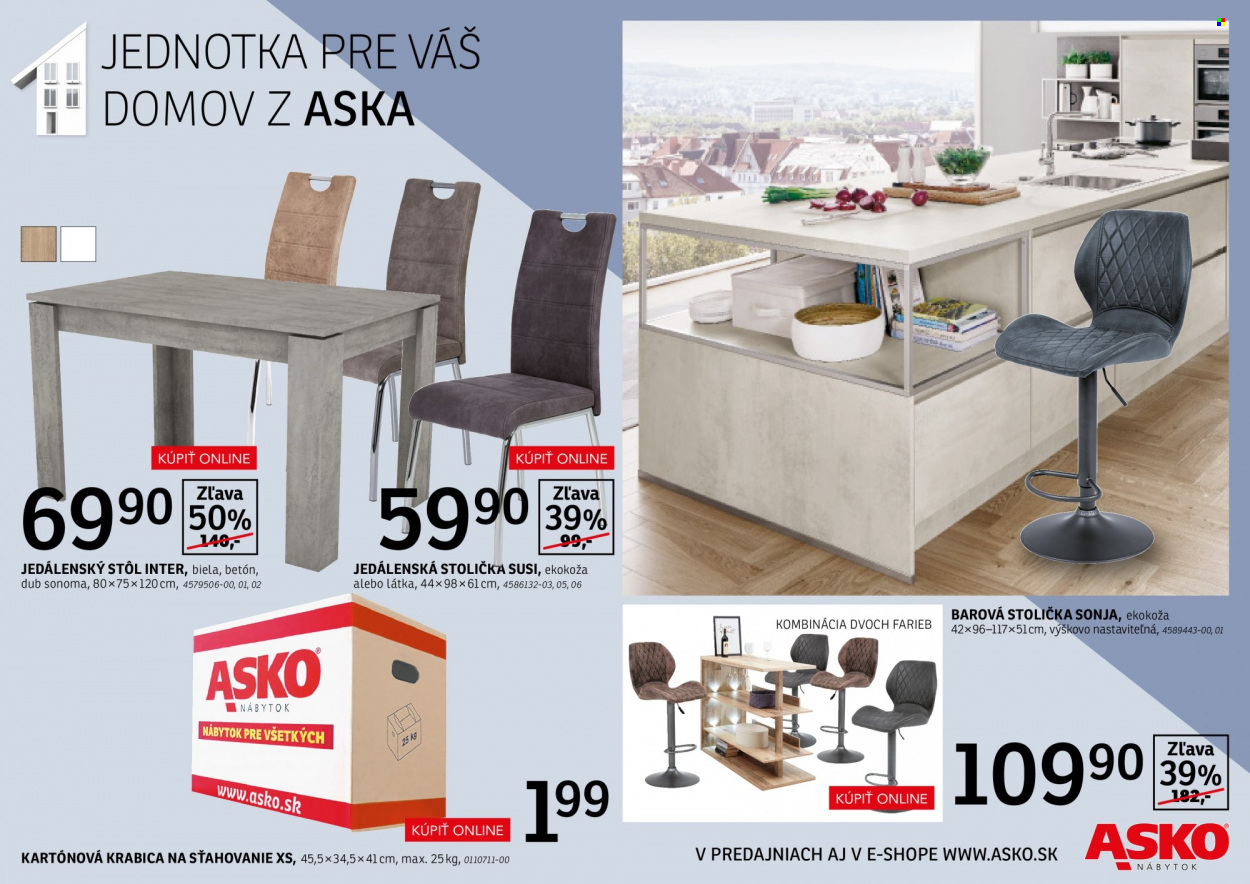 thumbnail - Leták Asko Nábytok - Produkty v akcii - kartónová krabica, jedálenský stôl, stôl, barová stolička, jedálenská stolička, stolička. Strana 14.