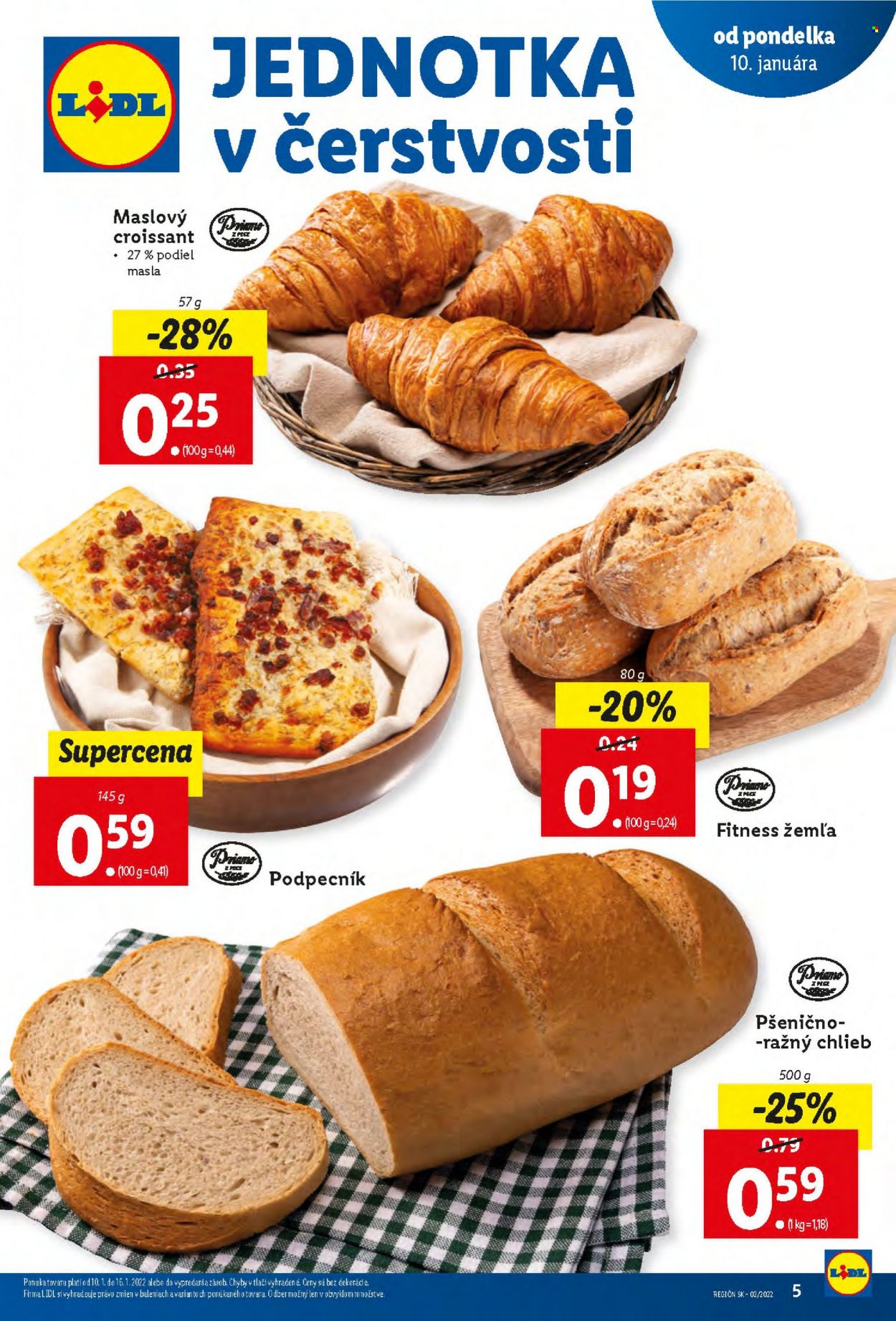 thumbnail - Leták Lidl - 10.1.2022 - 16.1.2022 - Produkty v akcii - ražný chlieb, chlieb, žemľa, pečivo, slané pečivo, croissant. Strana 5.