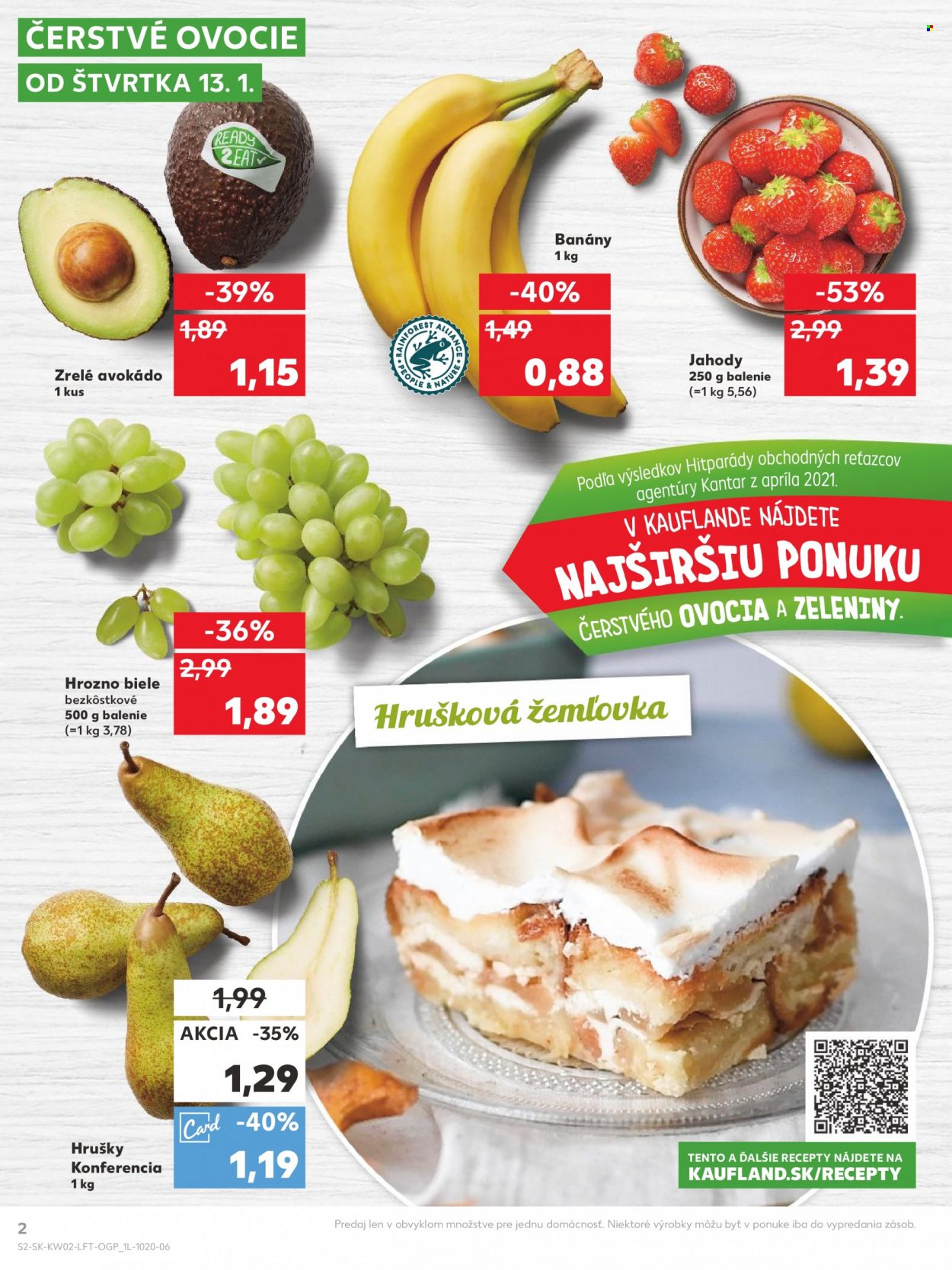 thumbnail - Leták Kaufland - 13.1.2022 - 19.1.2022 - Produkty v akcii - banány, jahody, hrozno, avokádo, hrušky. Strana 2.