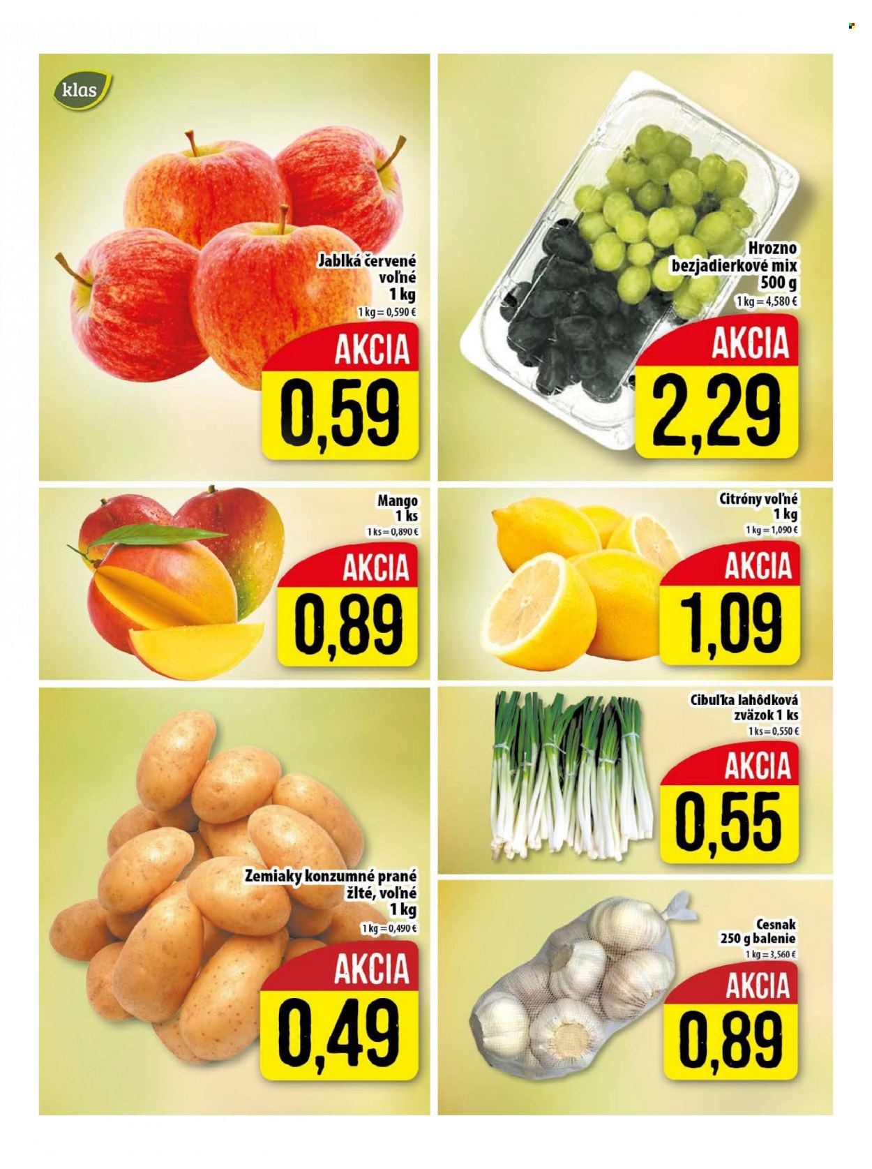 thumbnail - Leták Klas - 17.1.2022 - 23.1.2022 - Produkty v akcii - zemiaky, cesnak, lahôdková cibuľa, citróny, hrozno, jablká, mango, červené jablká. Strana 4.