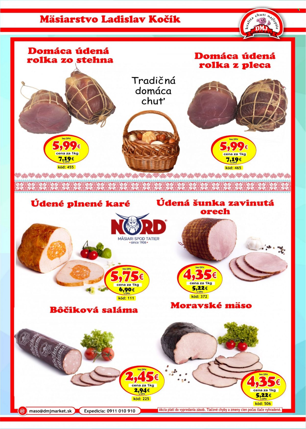 thumbnail - Leták DMJ market - Produkty v akcii - saláma, šunka, moravské mäso, bôčiková saláma, udená šunka, údené mäso, Cien. Strana 7.