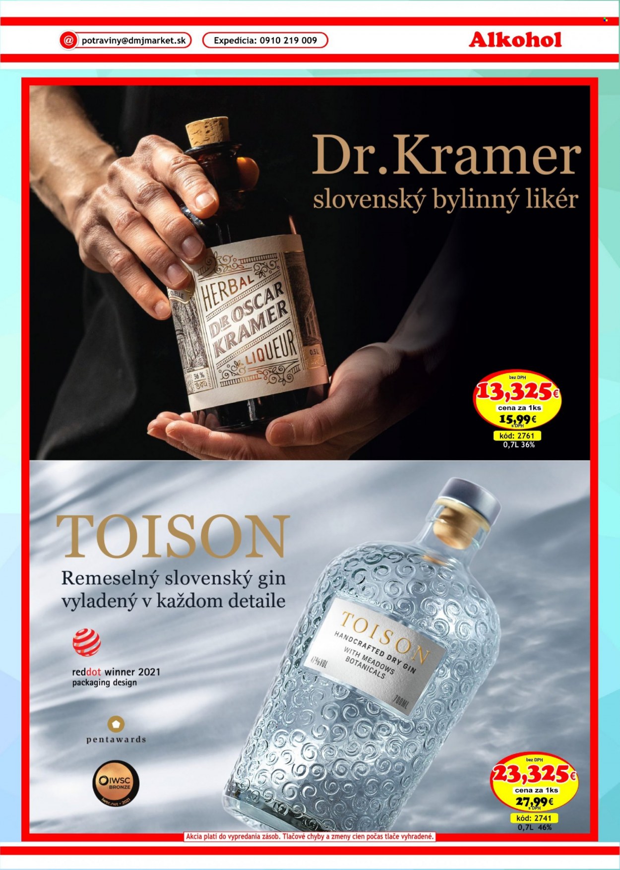 thumbnail - Leták DMJ market - Produkty v akcii - alkohol, gin, likér, bylinný likér, Toison, Cien. Strana 33.