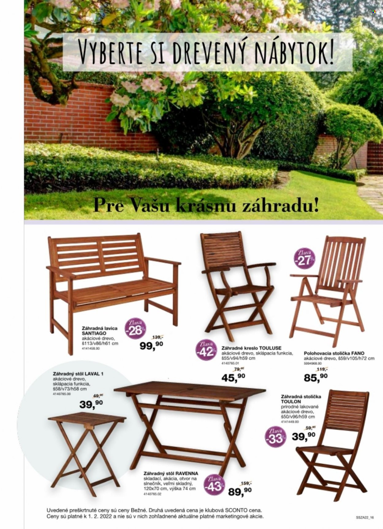 thumbnail - Leták Sconto nábytok - Produkty v akcii - stôl, stolička, lavica, záhradný stôl, záhradná stolička, záhradné kreslo. Strana 16.