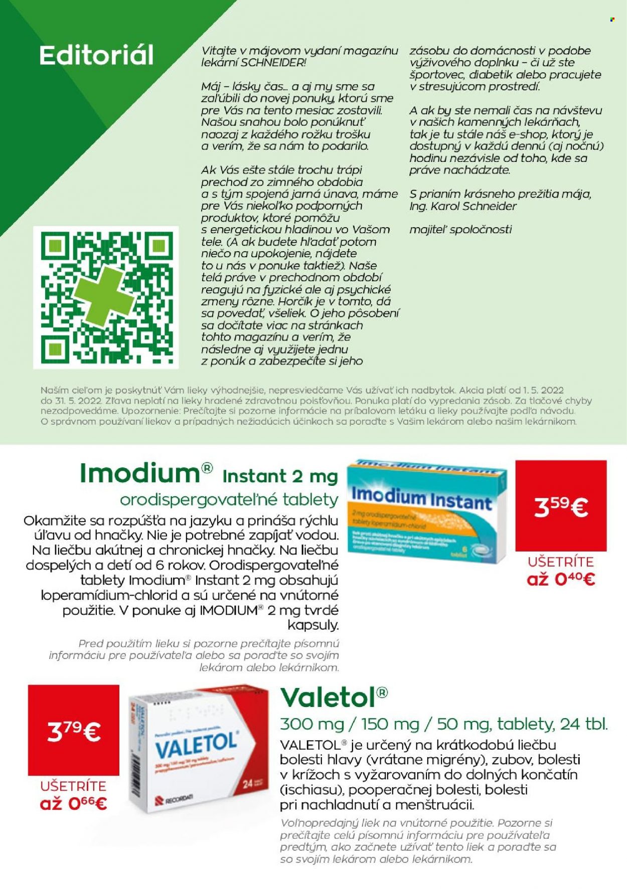 thumbnail - Leták Schneider Lekáreň - 1.5.2022 - 31.5.2022 - Produkty v akcii - Imodium, Valetol, liek na trávenie, analgetikum, horčík, liek proti bolesti. Strana 2.
