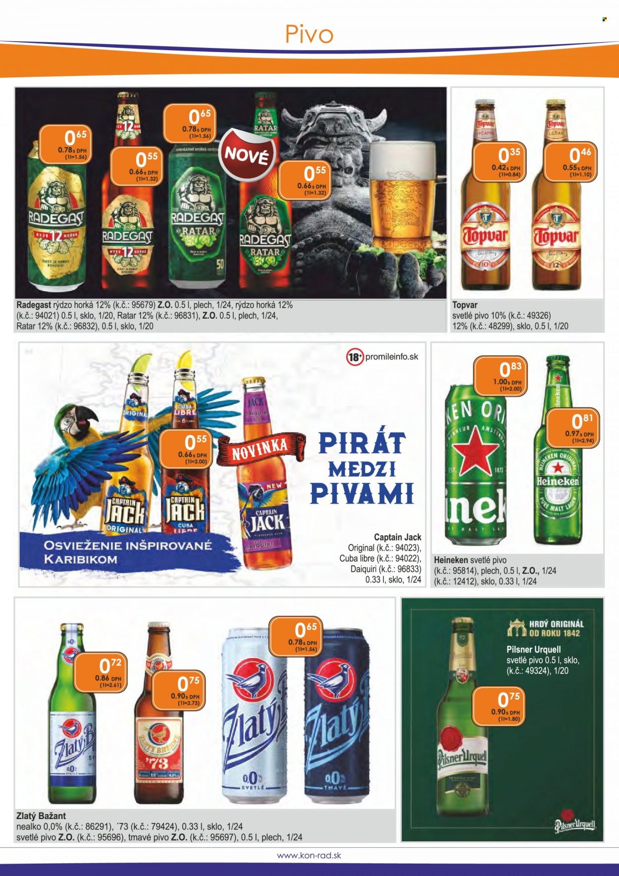 thumbnail - Leták KON-RAD - 1.5.2022 - 31.5.2022 - Produkty v akcii - mak, Pilsner Urquell, Zlatý Bažant, ležiak, nealkoholické pivo, svetlé pivo, Heineken, tmavé pivo, pivo, Captain Jack, Topvar, Radegast. Strana 36.
