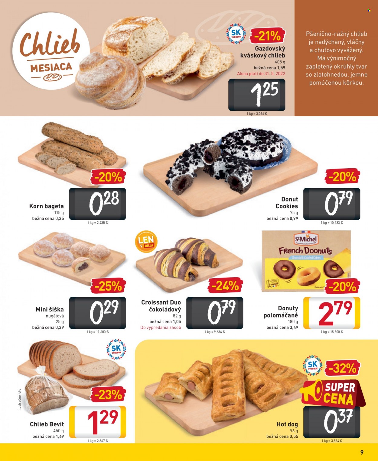 thumbnail - Leták Billa - 18.5.2022 - 24.5.2022 - Produkty v akcii - chlieb, gazdovský chlieb, kváskový chlieb, pečivo, slané pečivo, bageta, donut, sladké pečivo, šiška, croissant, hot dog. Strana 9.