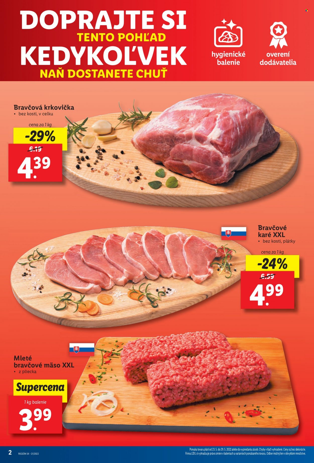 thumbnail - Leták Lidl - 23.5.2022 - 29.5.2022 - Produkty v akcii - bravčová krkovička, bravčové karé, mleté bravčové mäso, mleté mäso. Strana 3.