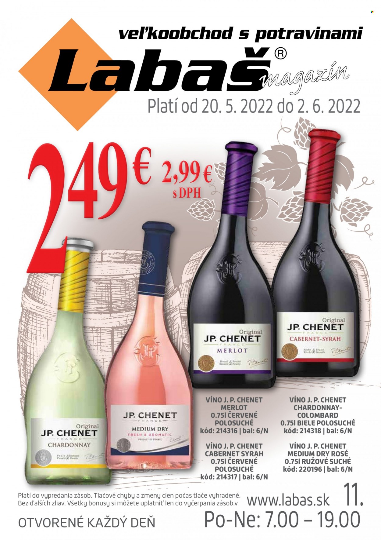 thumbnail - Leták Labaš - 20.5.2022 - 2.6.2022 - Produkty v akcii - červené víno, biele víno, víno, Chardonnay, Merlot, J.P. Chenet, alkohol, Cien. Strana 64.