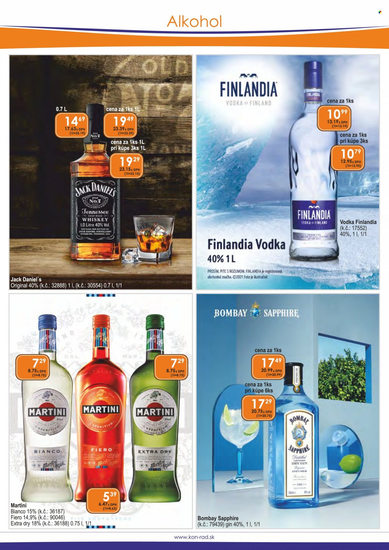 thumbnail - Leták KON-RAD - 1.6.2022 - 30.6.2022 - Produkty v akcii - alkohol, aperitív, Jack Daniel's, vodka, whisky, gin, Finlandia, Martini, Vermut, Bombay Sapphire. Strana 19.