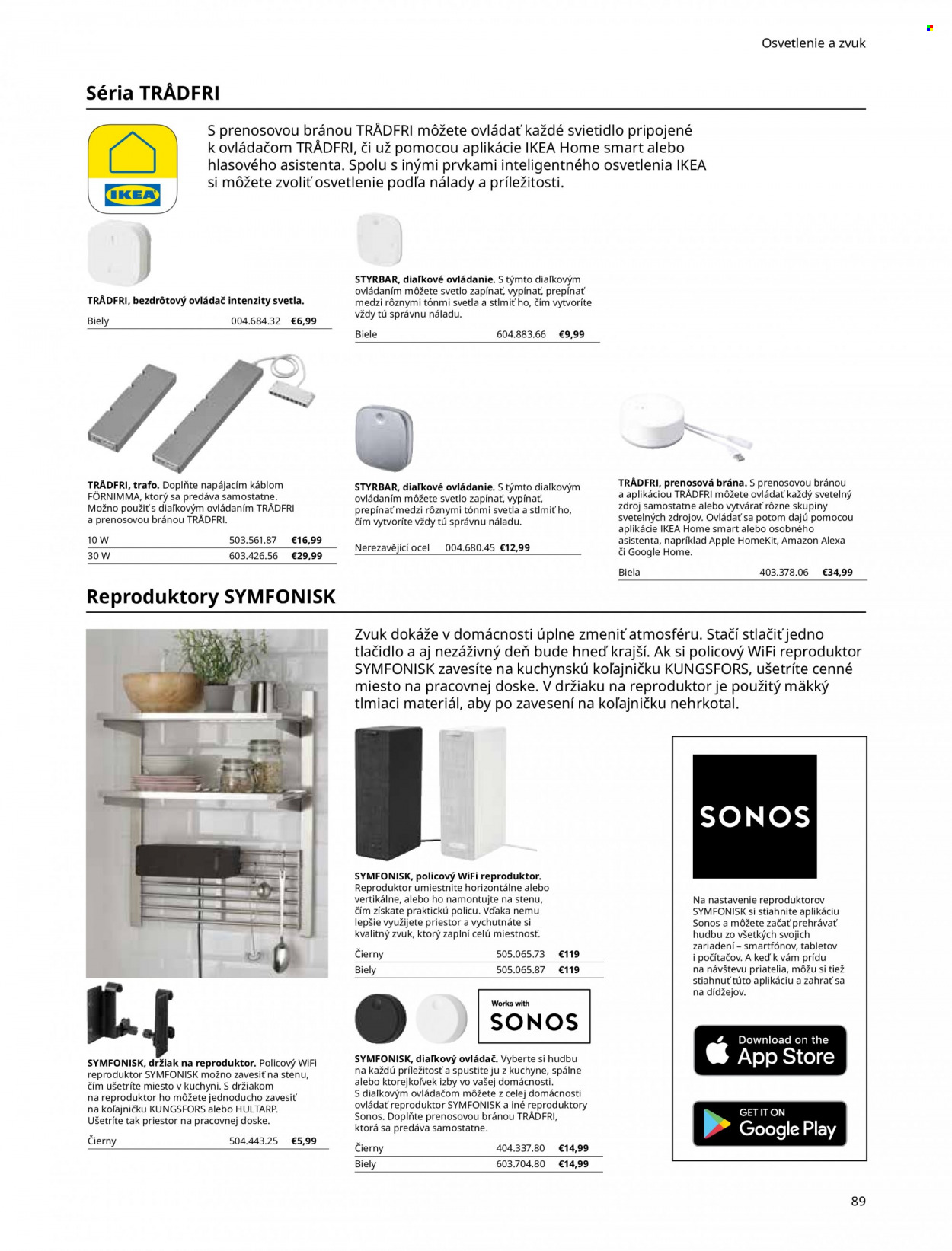 thumbnail - Leták IKEA - Produkty v akcii - Apple, reproduktor, Symfonisk, diaľkové ovládanie, svietidlo. Strana 89.