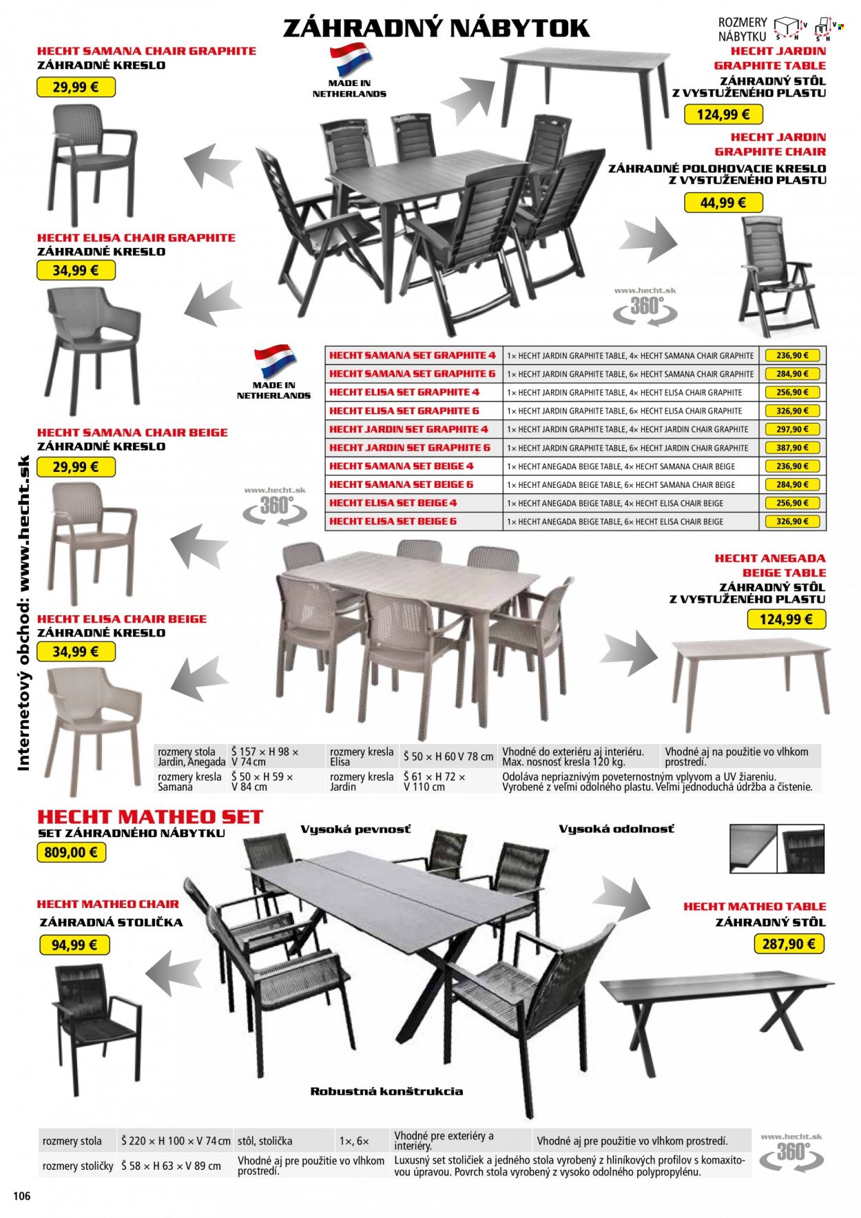 thumbnail - Leták Hecht - 1.6.2022 - 28.2.2023 - Produkty v akcii - Hecht, zahradný nábytok, stôl, záhradný stôl, stolička, kreslo, polohovacie kreslo, záhradná stolička. Strana 106.