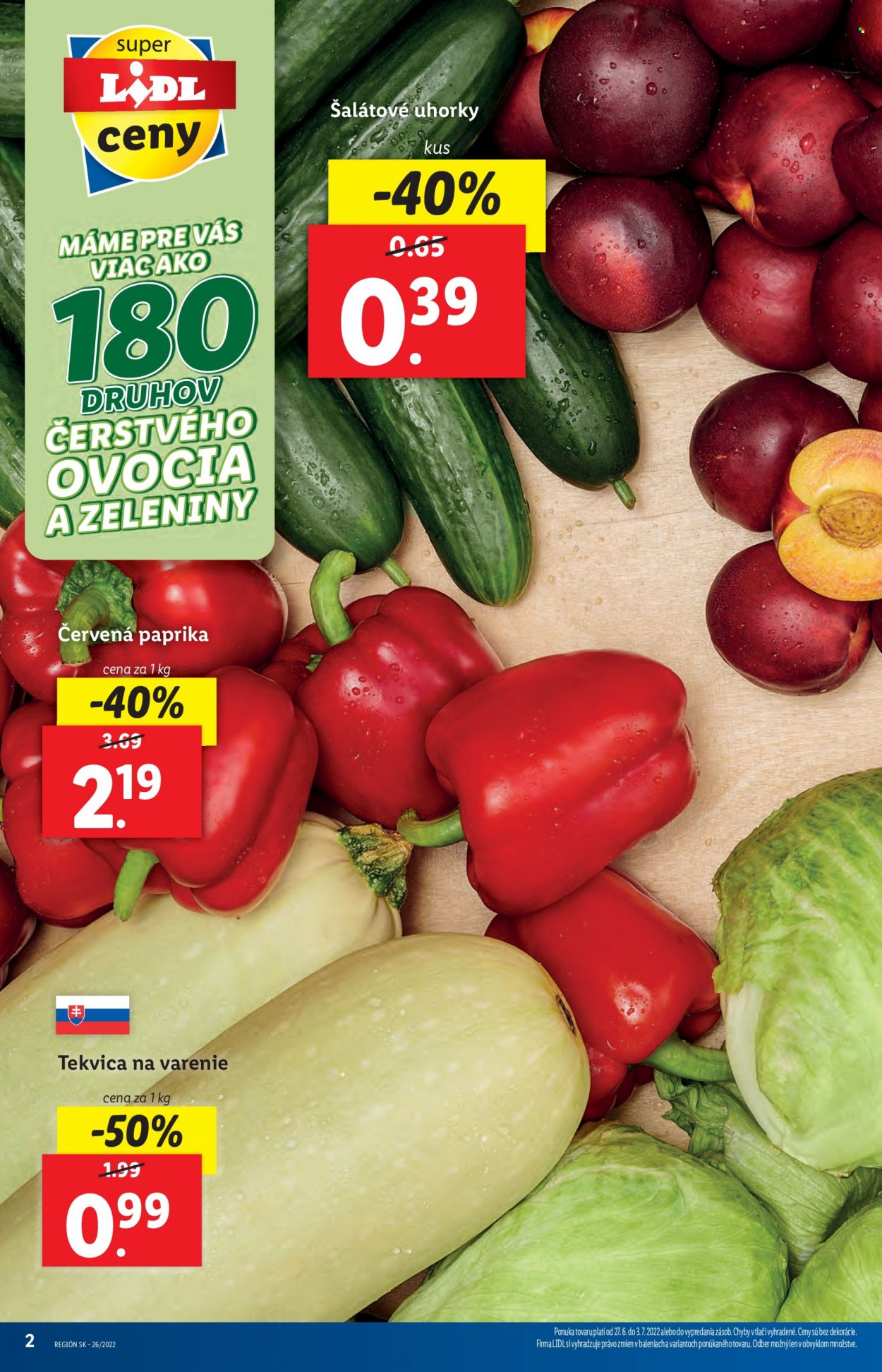 thumbnail - Leták Lidl - 27.6.2022 - 3.7.2022 - Produkty v akcii - uhorka šalátová, paprika, paprika zeleninová červená, tekvica. Strana 2.