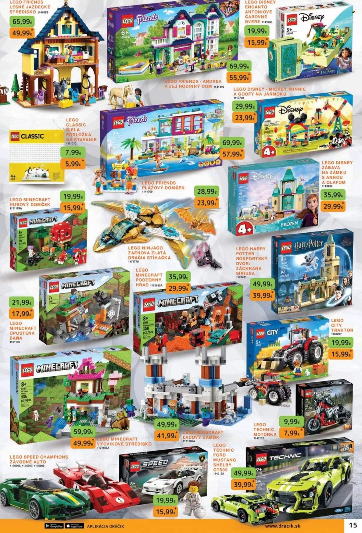 thumbnail - Leták Dráčik - 26.6.2022 - 15.9.2022 - Produkty v akcii - Disney, podložka, Minecraft, Minnie, L'adové královstvo, Mickey, domček, traktor, zámok, LEGO, LEGO City, LEGO Friends, LEGO Harry Potter, LEGO Minecraft, LEGO Ninjago, LEGO Technic, autíčko, LEGO Speed, LEGO Disney, hrad, motorka. Strana 15.