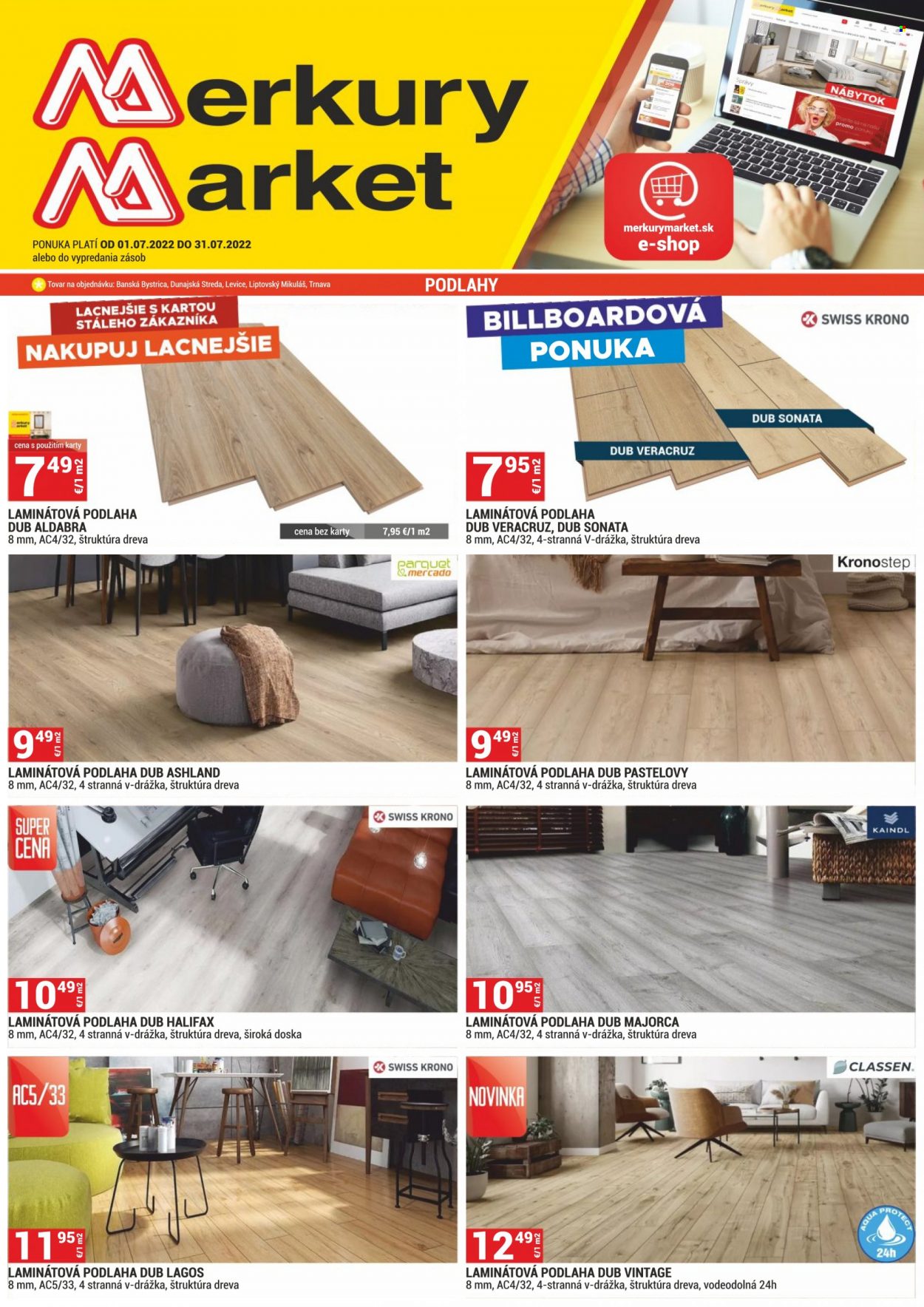 thumbnail - Leták Merkury Market - 1.7.2022 - 31.7.2022 - Produkty v akcii - doska, podlaha, laminátová podlaha. Strana 1.