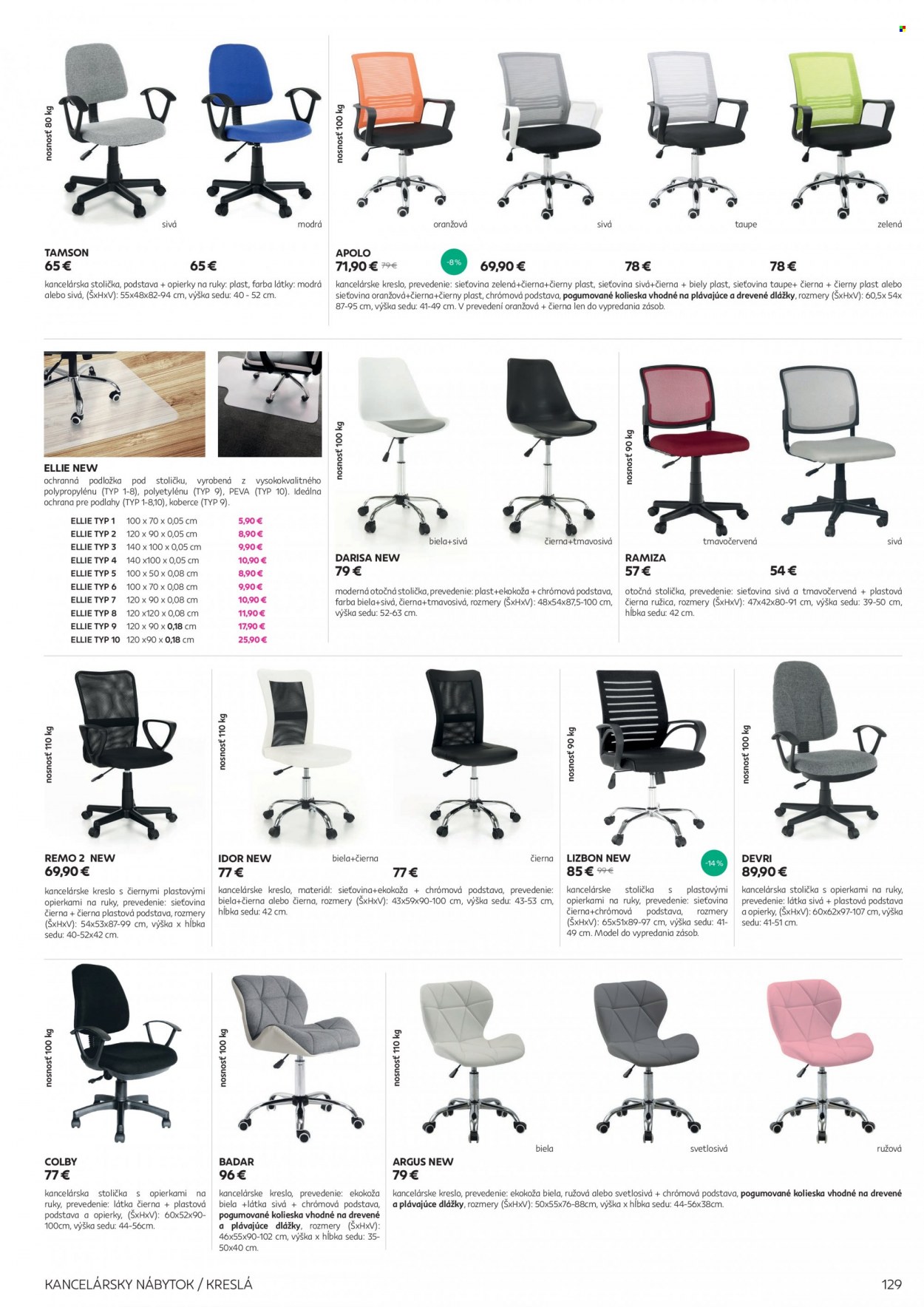 thumbnail - Leták Kondela - Produkty v akcii - podložka, otáčacia stolička, kreslo, kancelárska stolička, kancelárske kreslo, koberec. Strana 129.