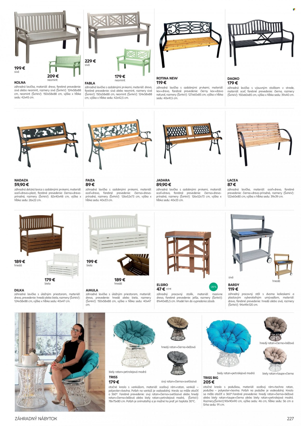 thumbnail - Leták Kondela - Produkty v akcii - obliečka na vankúš, stôl, kreslo, otočné kreslo, stolík, lavica, lavica s uloznym priestorom, zahradný nábytok. Strana 227.