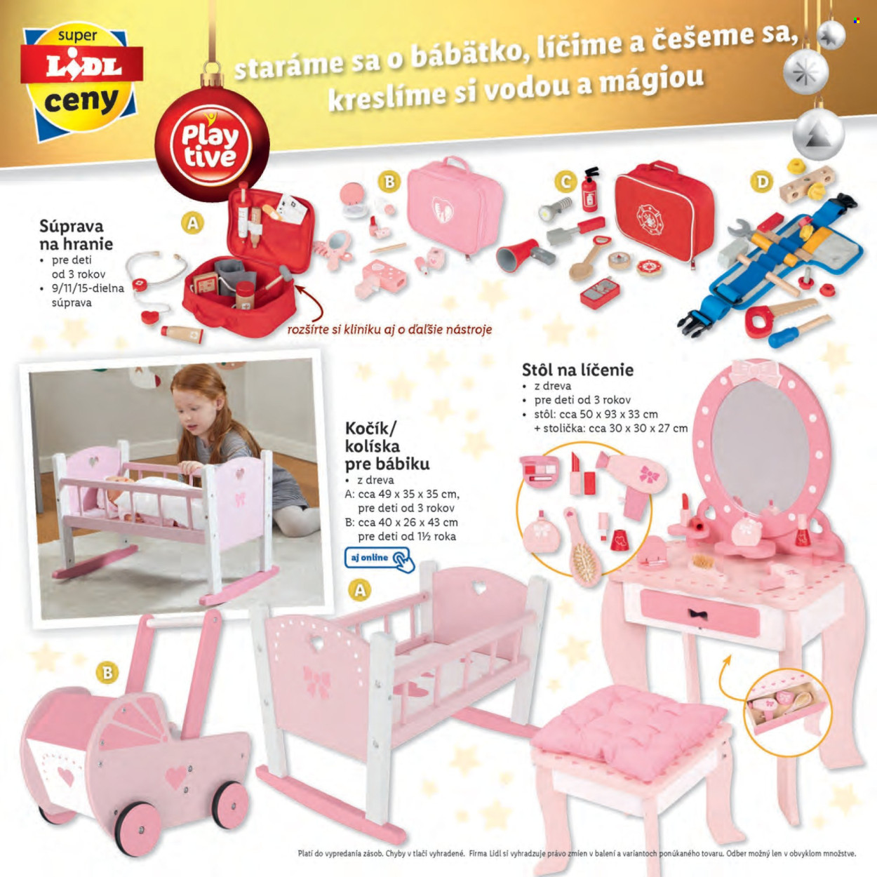 thumbnail - Leták Lidl - Produkty v akcii - stôl, stolička, bábika, kozmetický salón, kočík, kolíska pre bábiku. Strana 12.